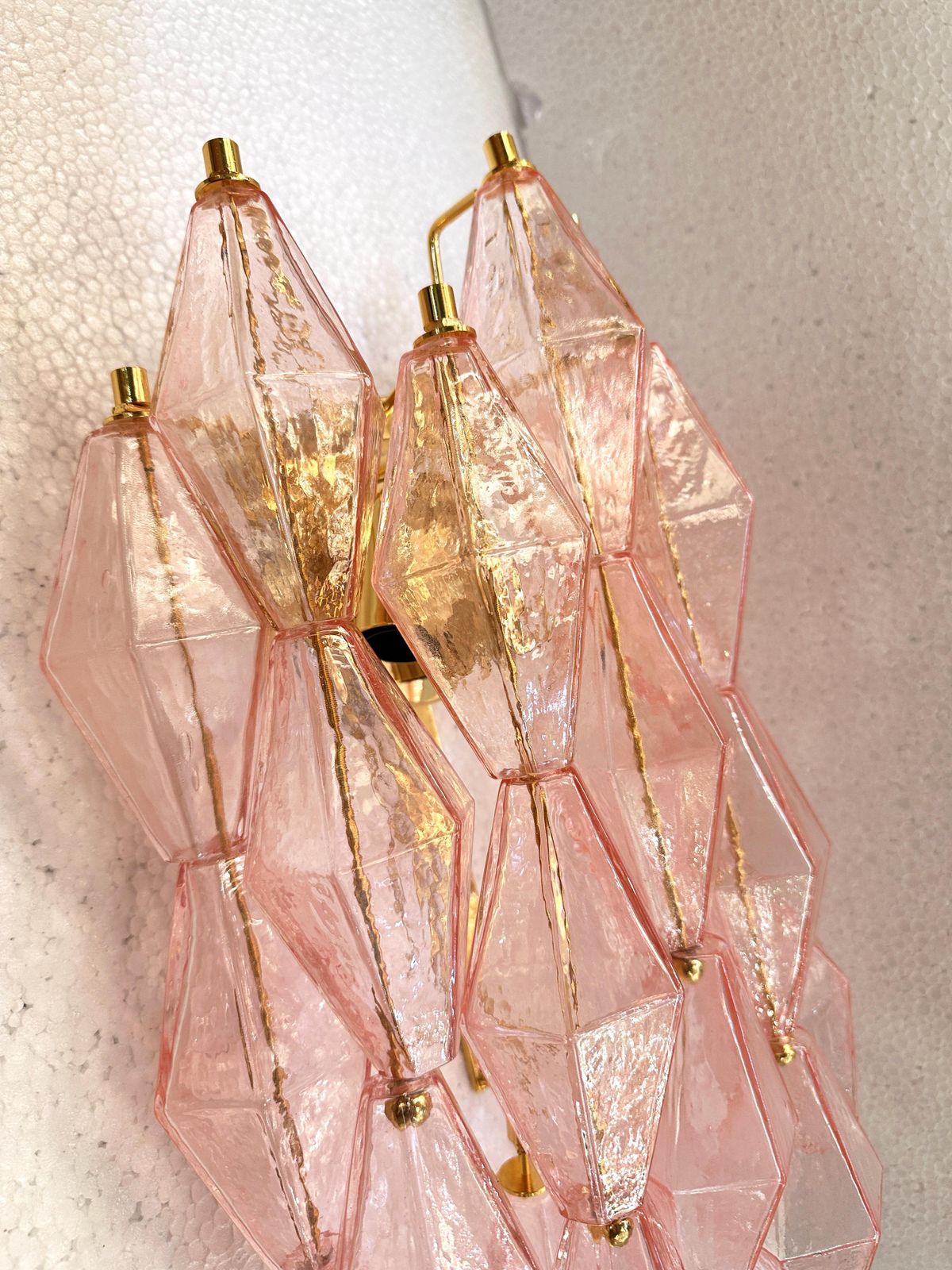 Set Of Two Contemporary Pink “Poliedri” Murano Glass Gold 24k Wall Sconces photo for sale