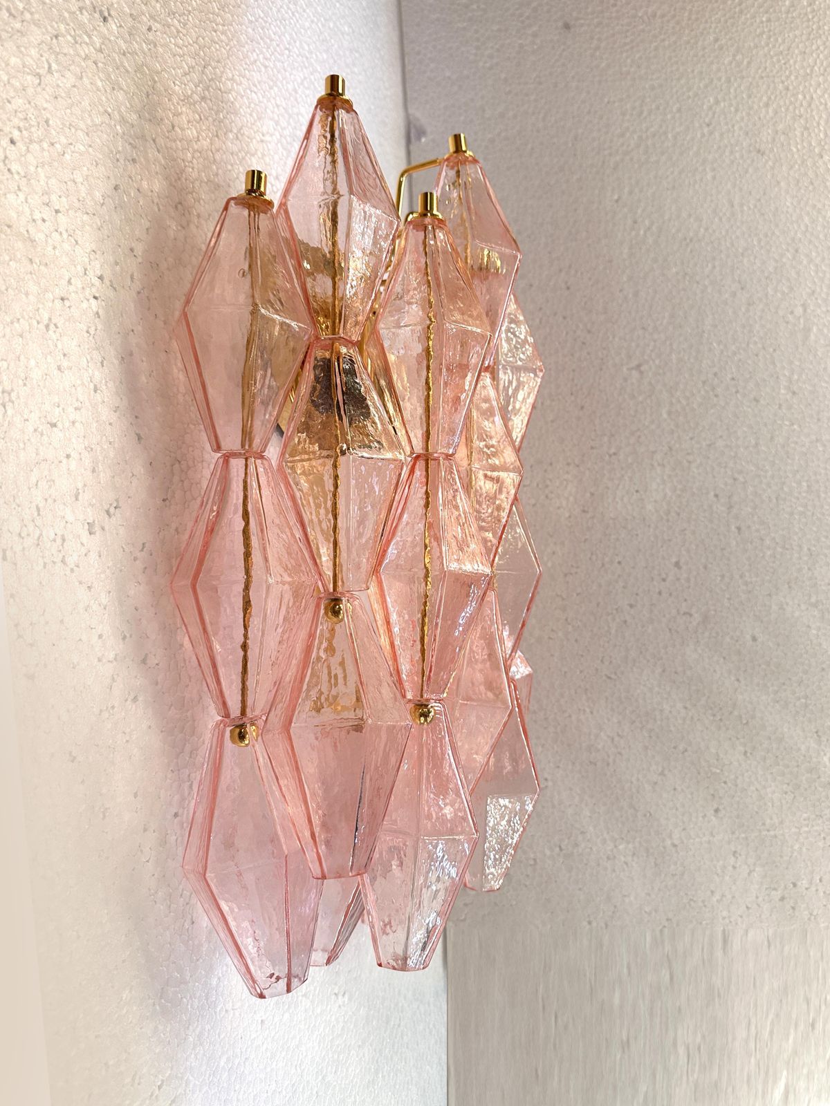 Set Of Two Contemporary Pink “Poliedri” Murano Glass Gold 24k Wall Sconces photo Lighting