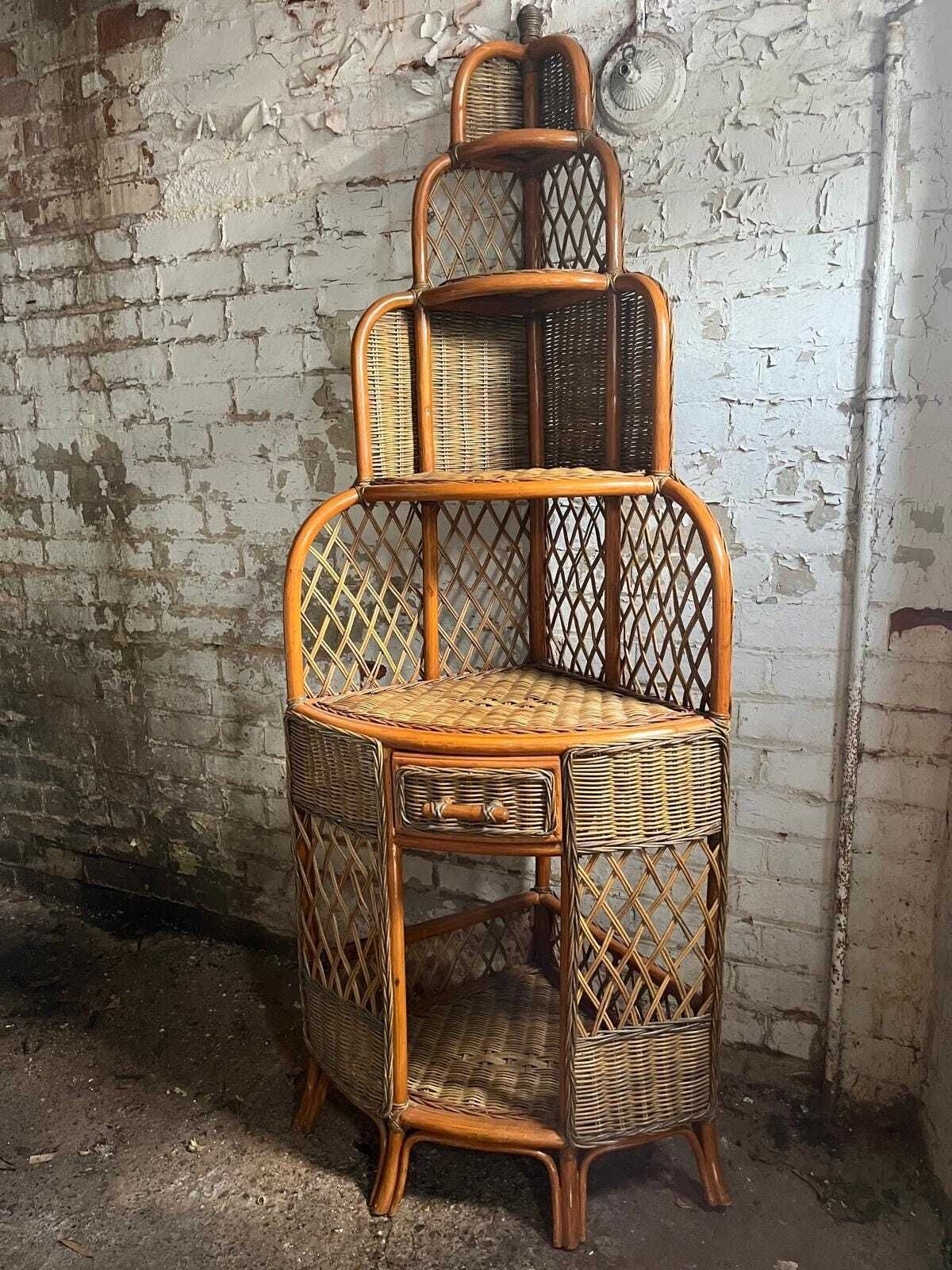 Vintage Wicker Corner Cabinet / Shelf Unit/ Storage / Shelving