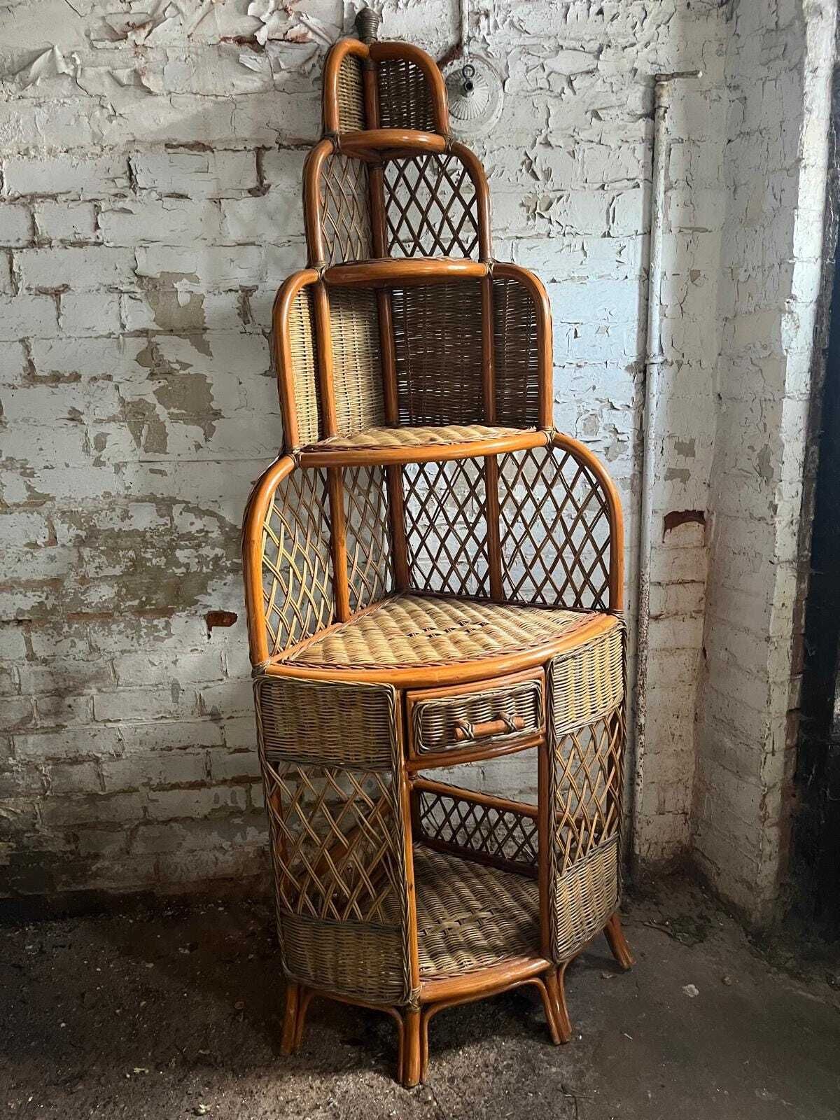 Vintage Wicker Corner Cabinet / Shelf Unit/ Storage / Shelving photo furniture