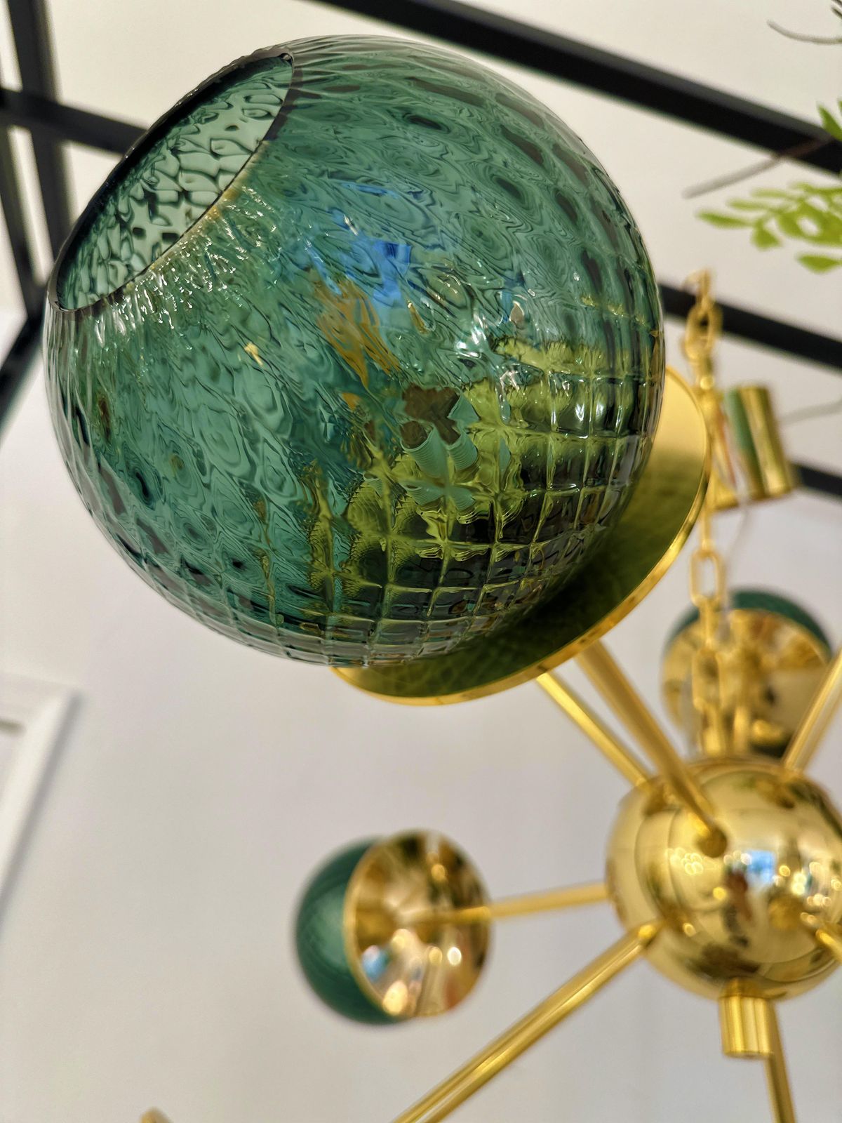 Italian Gold Chandelier Sputnik In Murano Glass Style Green "Balloton" photo vintage