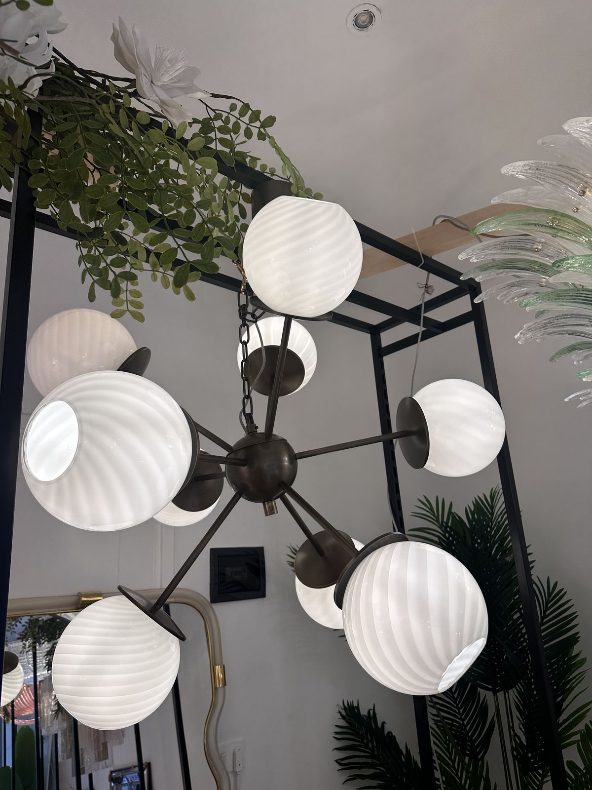 photo for sale Italian Burnished Sputnik Chandelier In Milky White Swirl Style Murano Glass