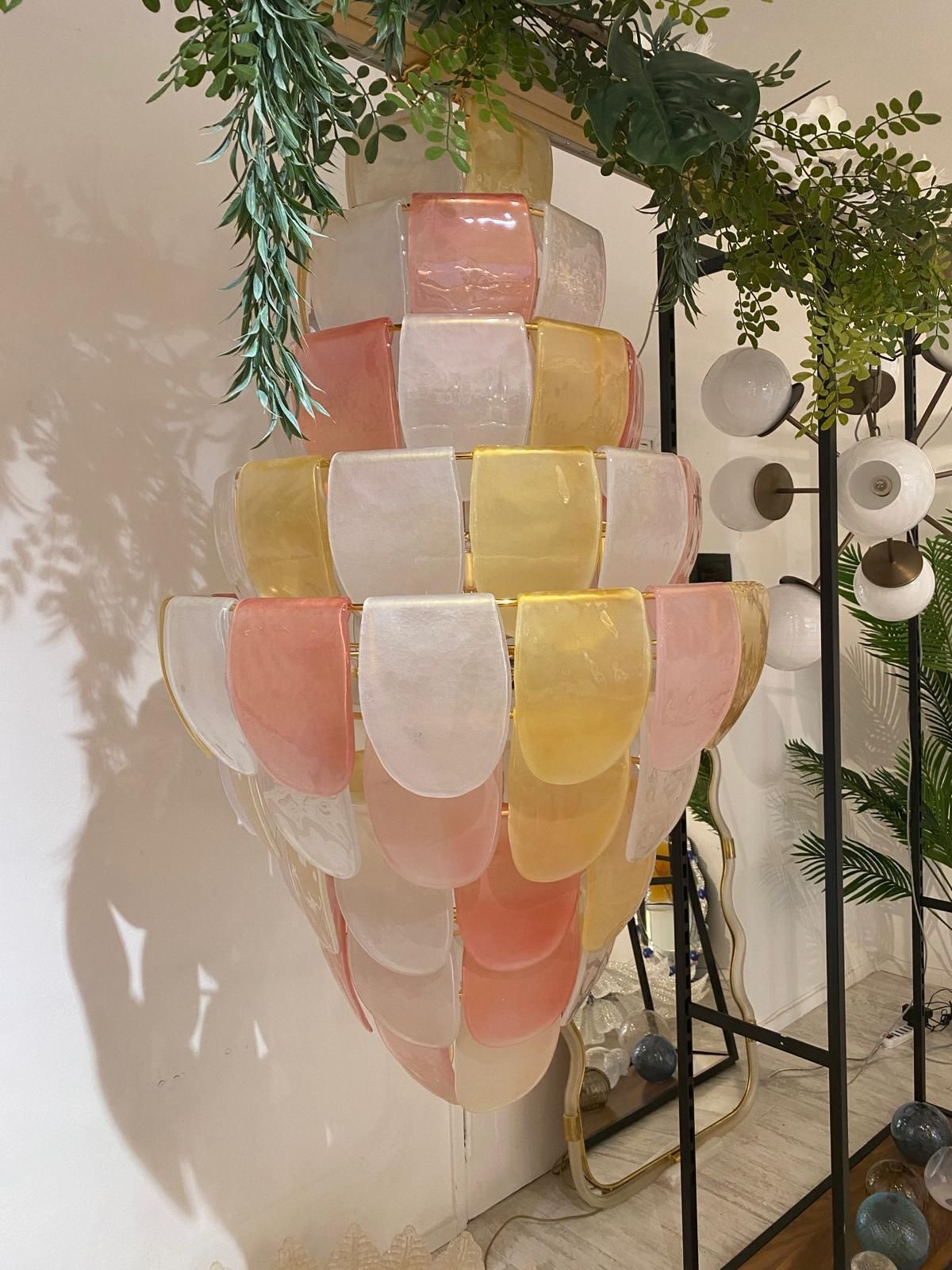 Contemporary Sanded Pink And Amber “Petals” Murano Glass Chandelier Style photo vintage
