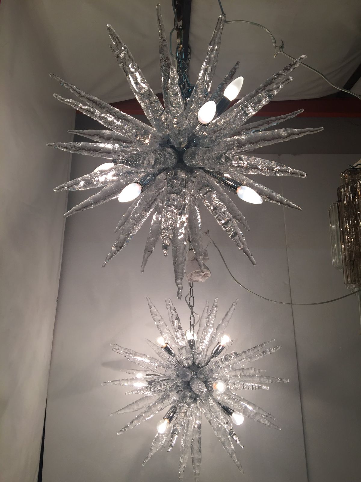 Set Of 2 Murano Glass Ice Clear Sputnik Italian Chandelier photo vinterior