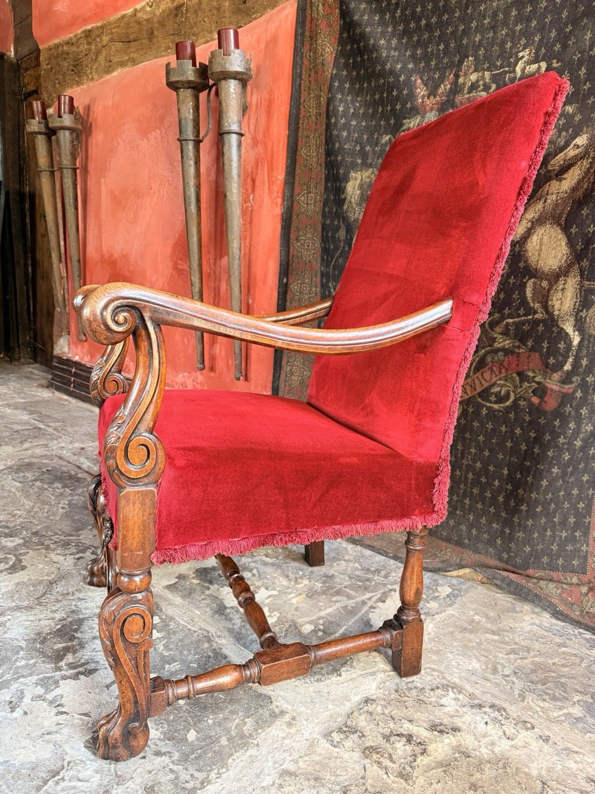 Substancial Heavy Carved Oak Red Antique Throne Arm Chair Stamped Circa 1919 photo Furniture