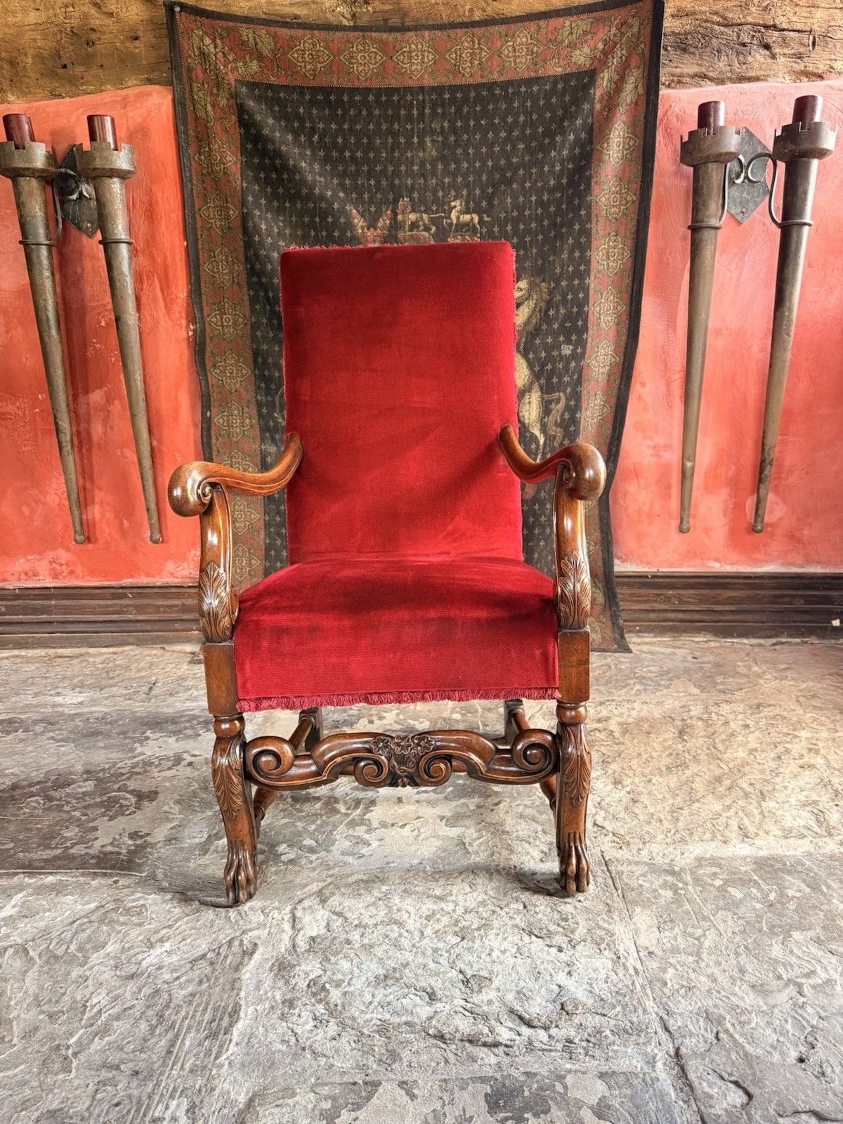 Substancial Heavy Carved Oak Red Antique Throne Arm Chair Stamped Circa 1919 photo 549.0