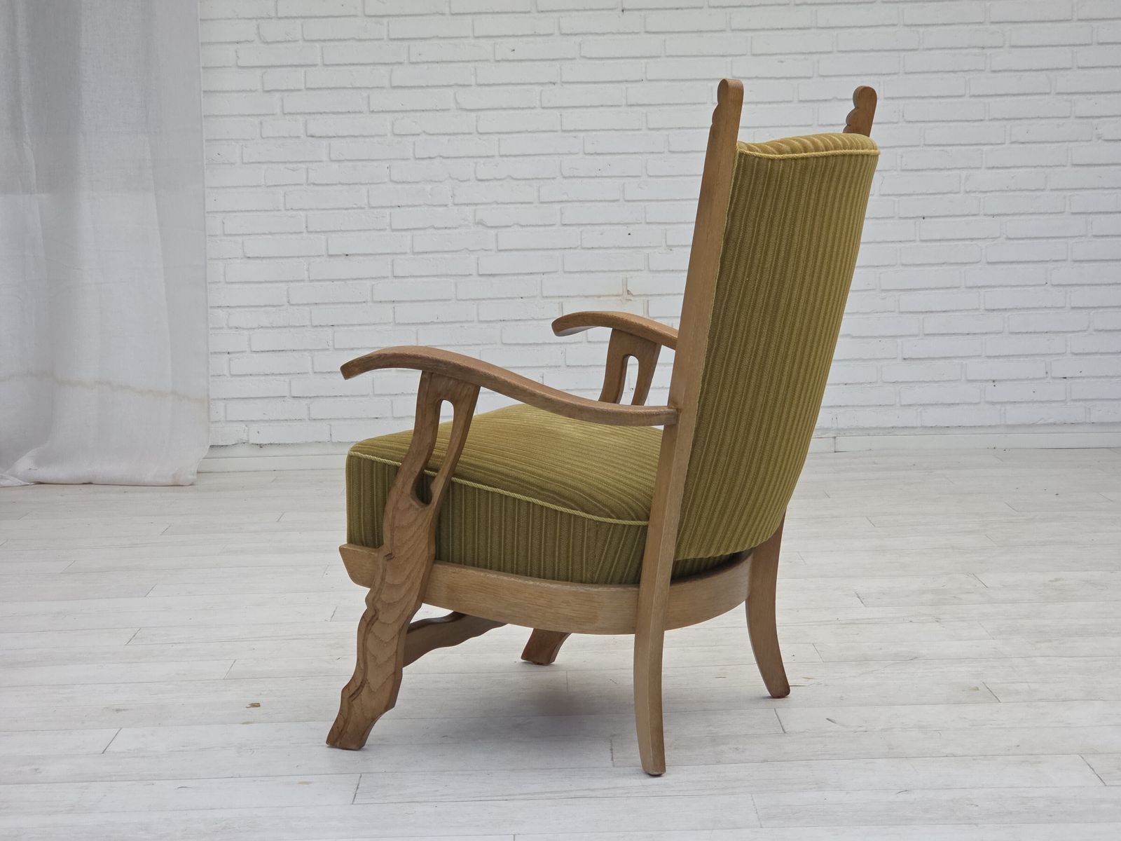 Furniture 1970s, Scandinavian Armchair, Cotton/Wool Fabric, Solid Oak Wood, Original Condition. photo