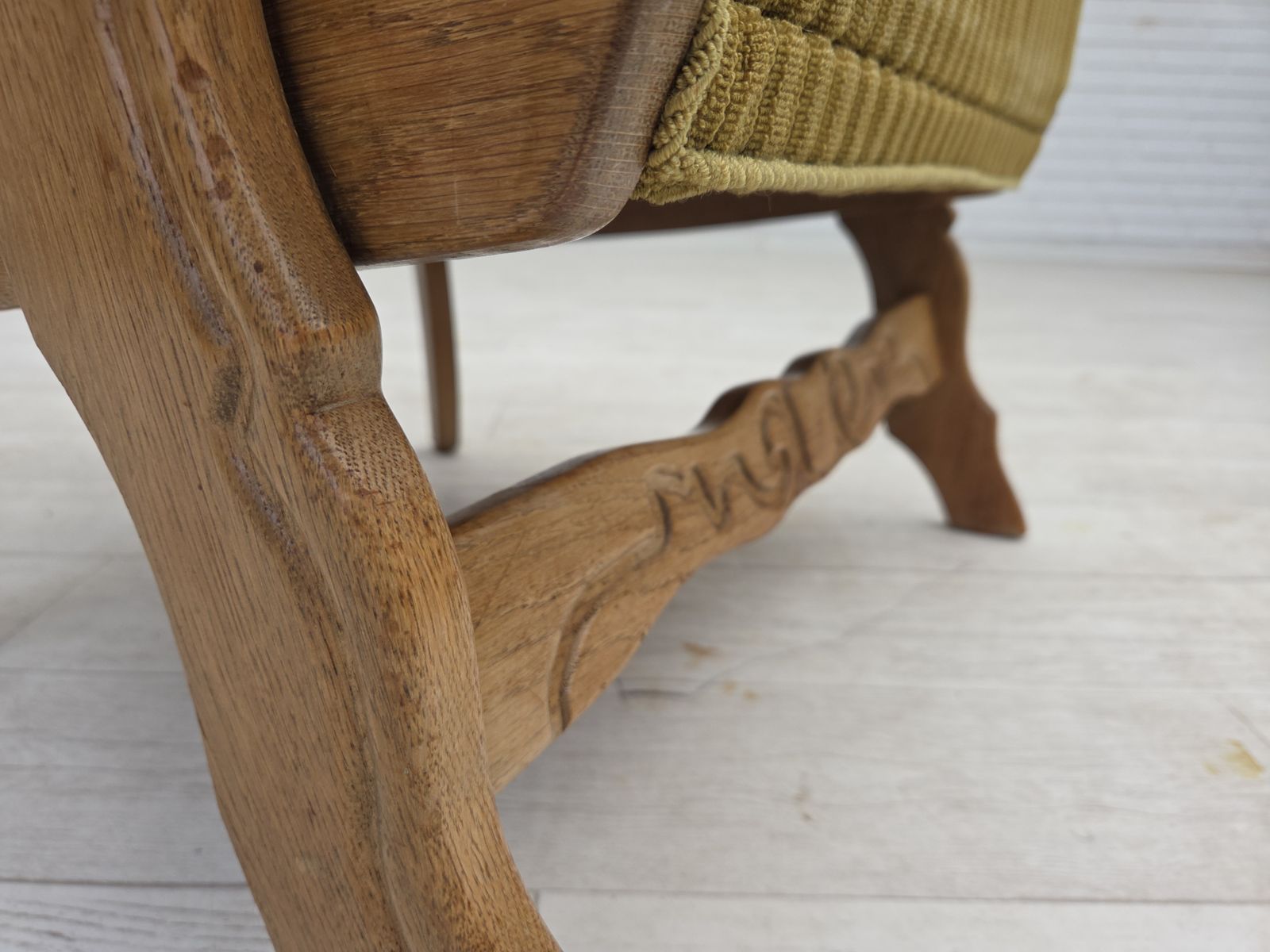 photo buy 1970s, Scandinavian Armchair, Cotton/Wool Fabric, Solid Oak Wood, Original Condition.