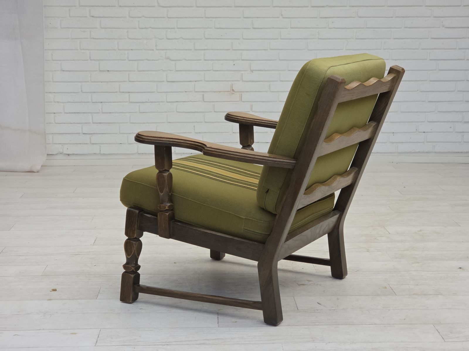 1970s, Pair Of Danish Armchairs, Original Green Furniture Wool, Solid Oak Wood. photo Furniture