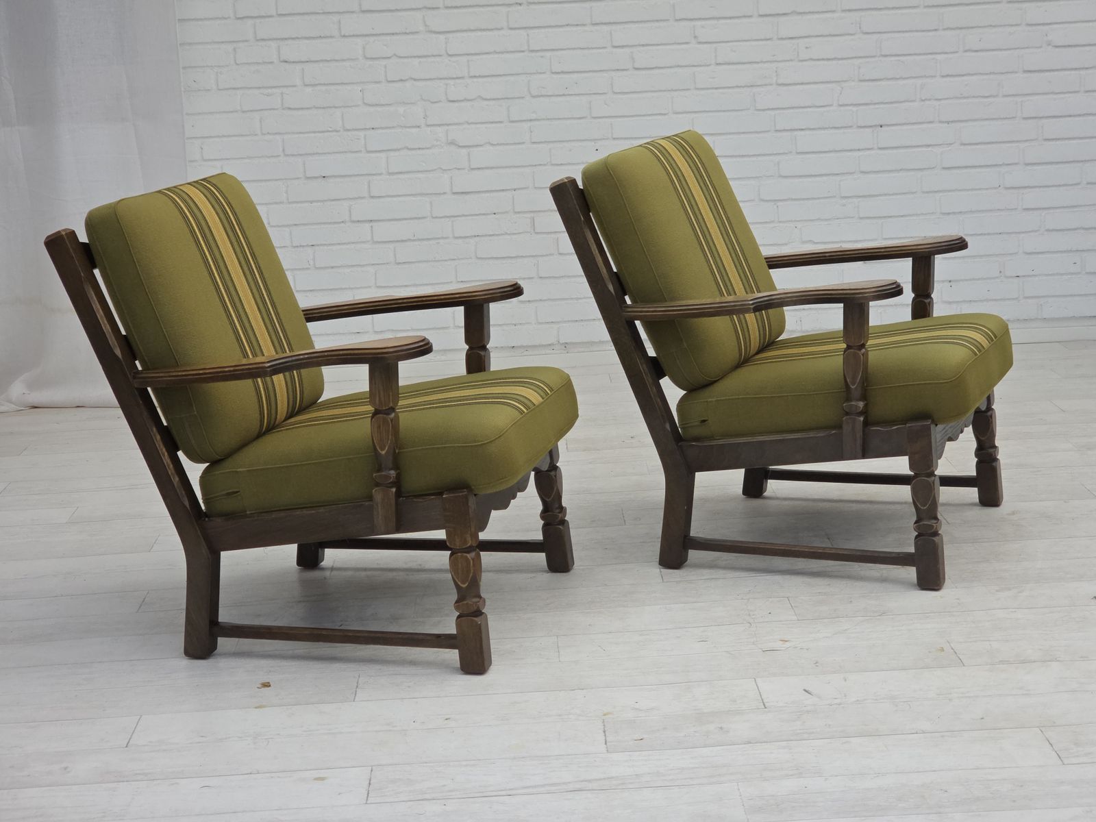 photo buy 1970s, Pair Of Danish Armchairs, Original Green Furniture Wool, Solid Oak Wood.