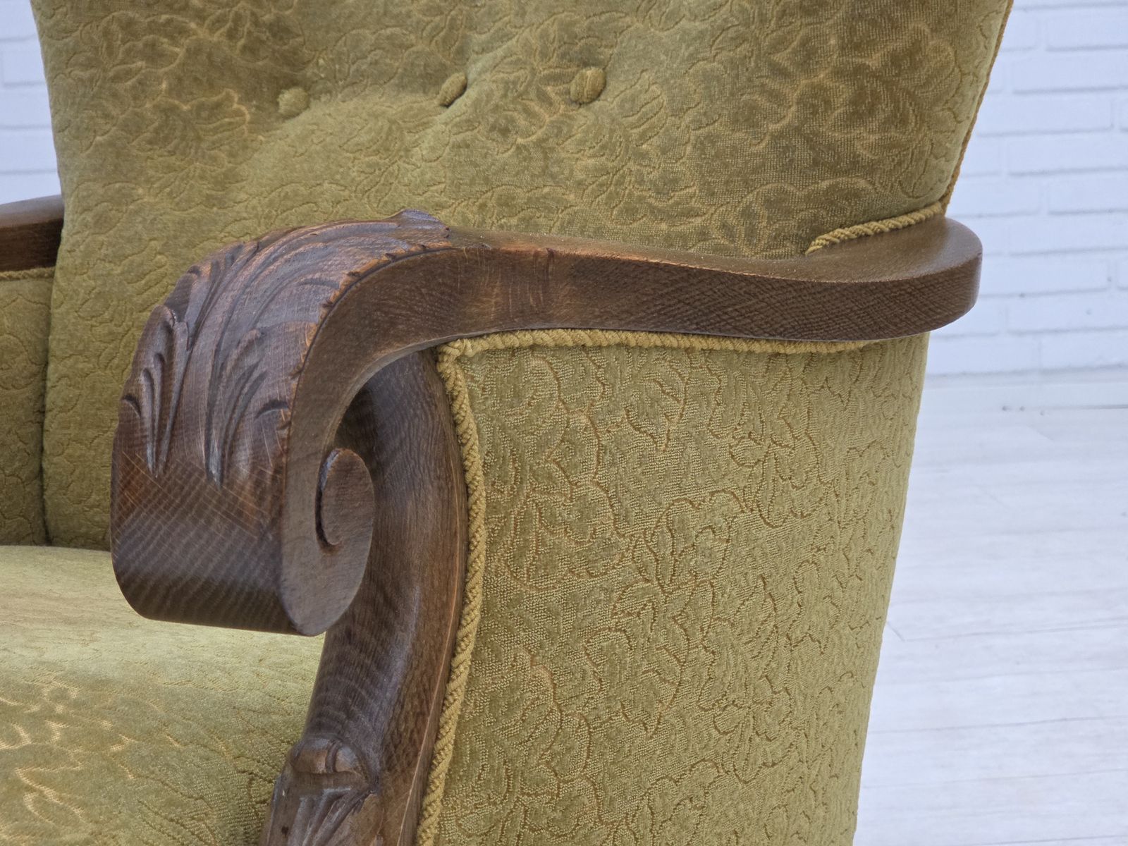 1960s, Danish Armchair, Furniture Cotton/Wool Fabric, Solid Oak Wood. photo Furniture