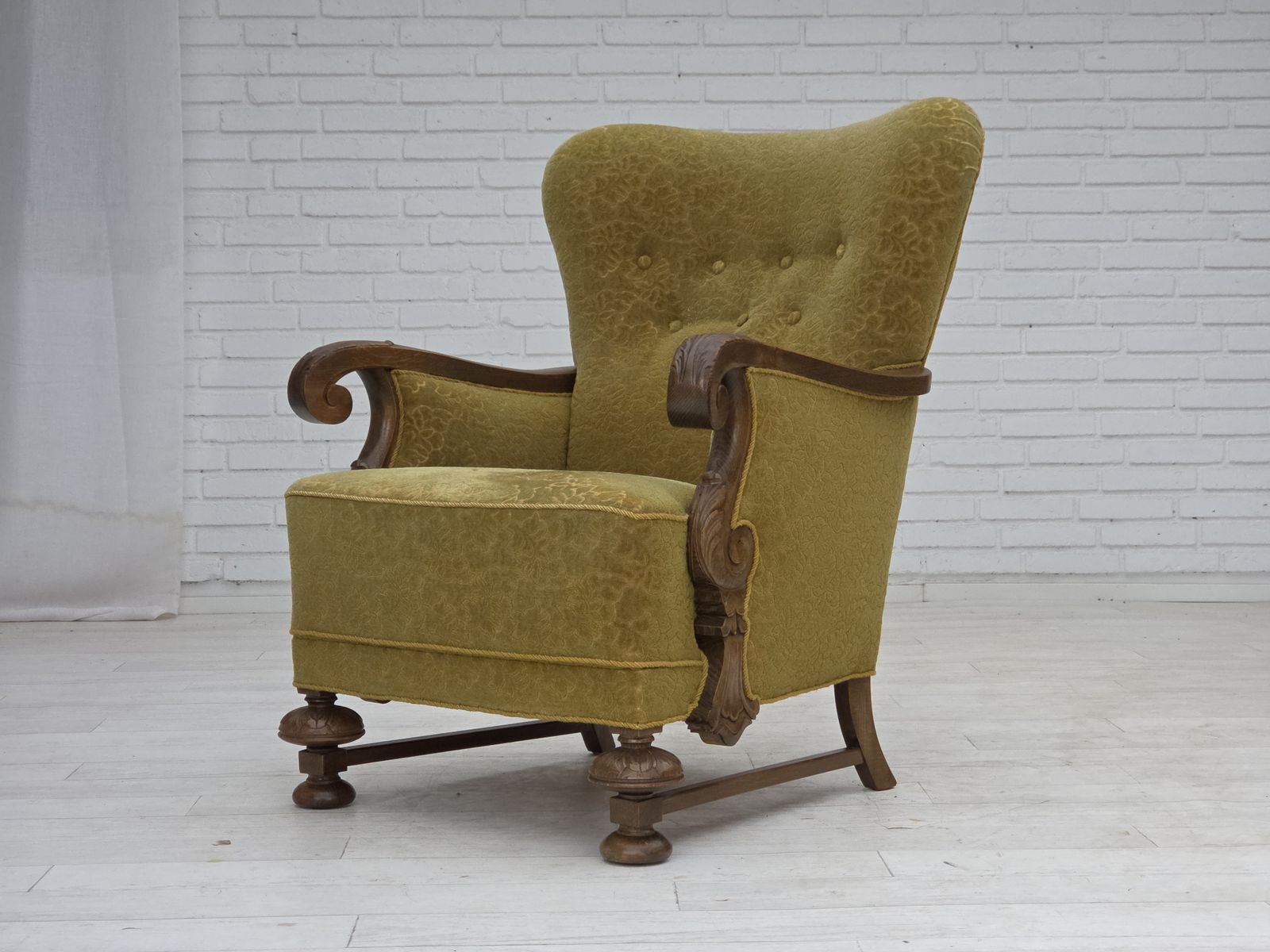 1960s, Danish Armchair, Furniture Cotton/Wool Fabric, Solid Oak Wood. photo vinterior