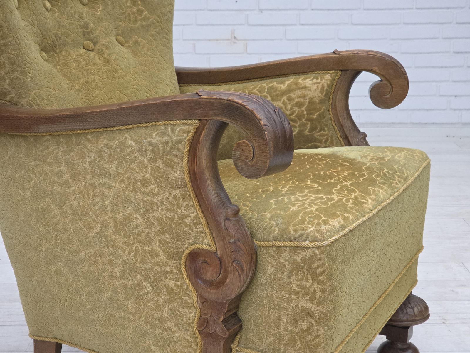 890.0 1960s, Danish Armchair, Furniture Cotton/Wool Fabric, Solid Oak Wood. photo