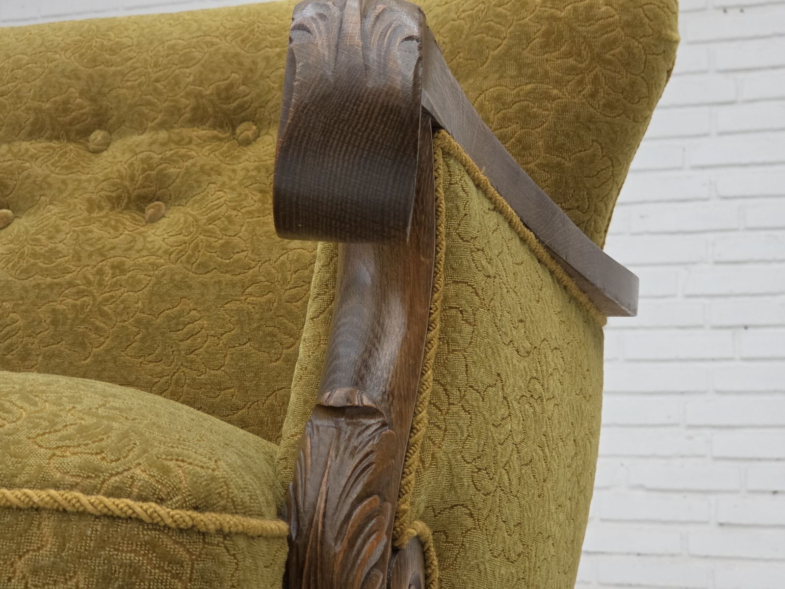 1960s, 3 Seater Danish Sofa, Green Cotton/Wool Furniture Fabric, Solid Oak Wood. photo Furniture