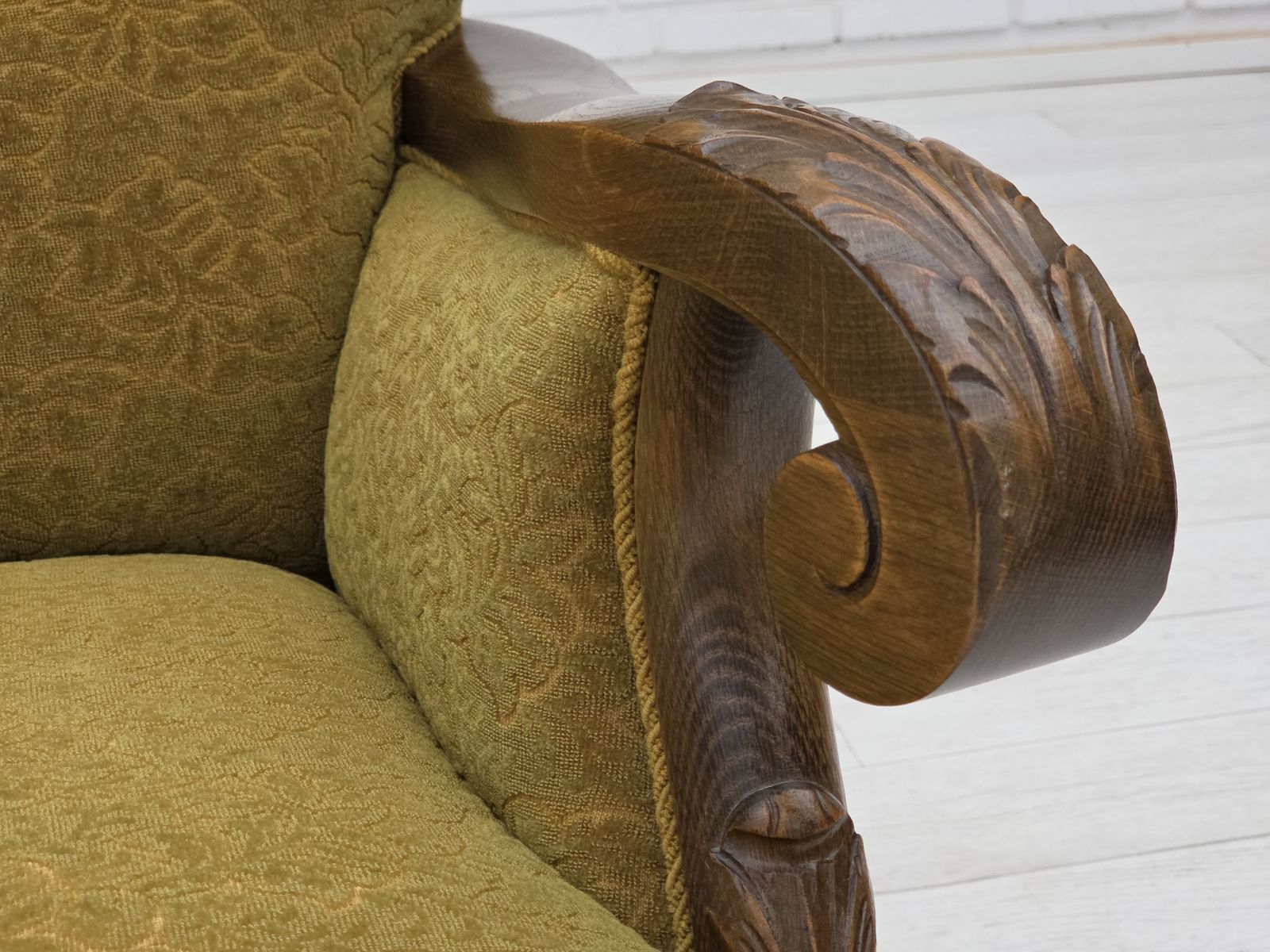 1960s, 3 Seater Danish Sofa, Green Cotton/Wool Furniture Fabric, Solid Oak Wood. photo buy