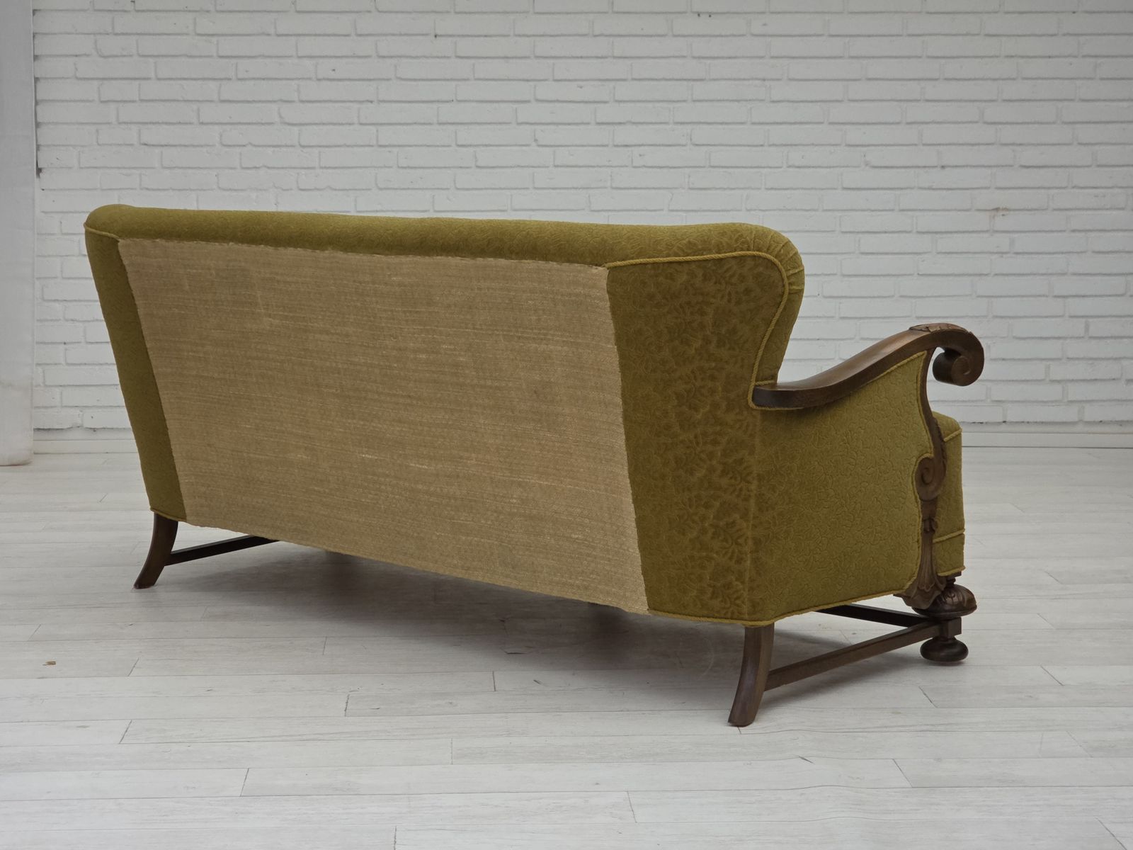 1770.0 1960s, 3 Seater Danish Sofa, Green Cotton/Wool Furniture Fabric, Solid Oak Wood. photo