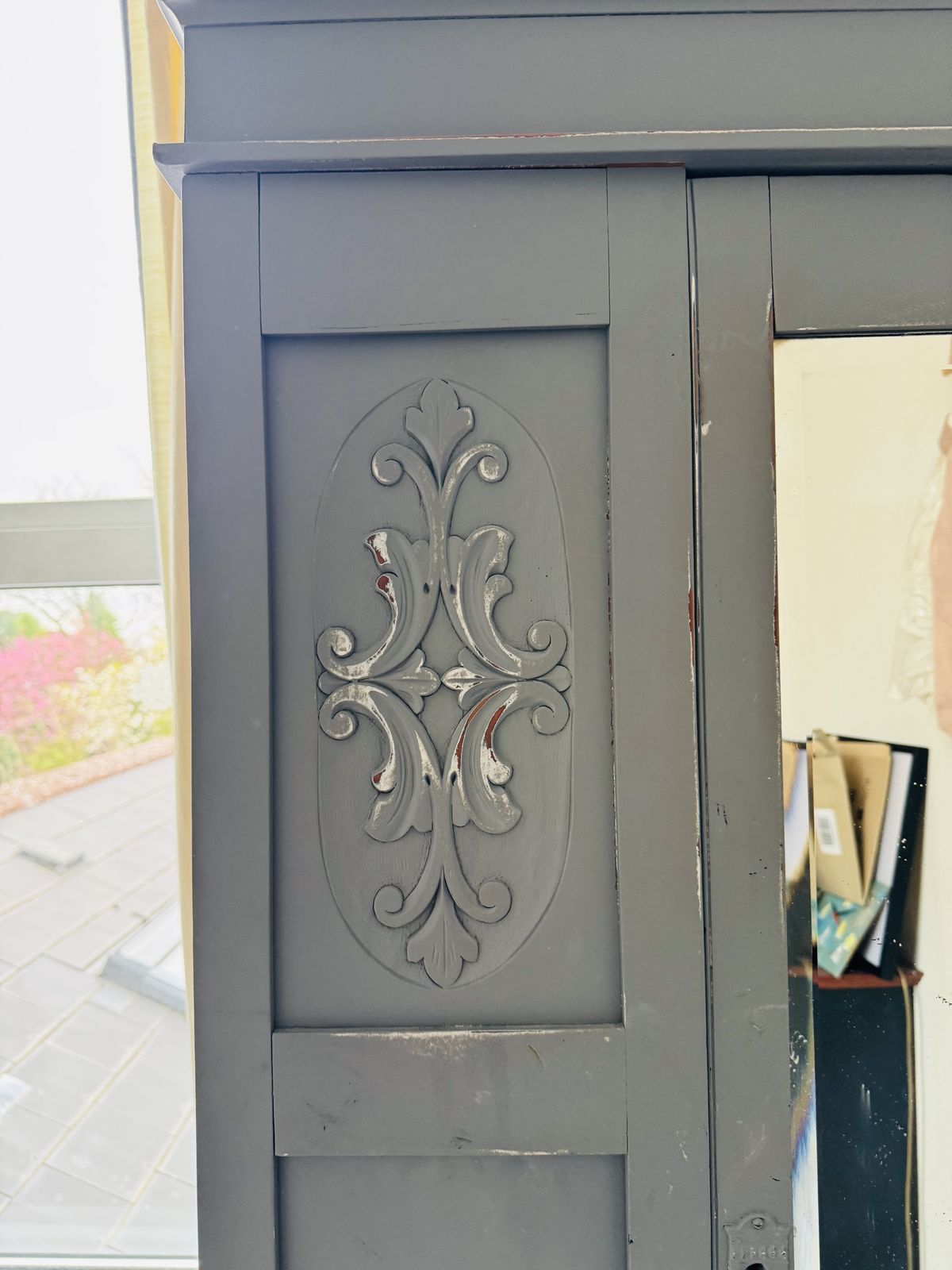 Slimline Antique Grey Blue Mirrored Wardrobe With Ornate Panels & Drawer photo Furniture