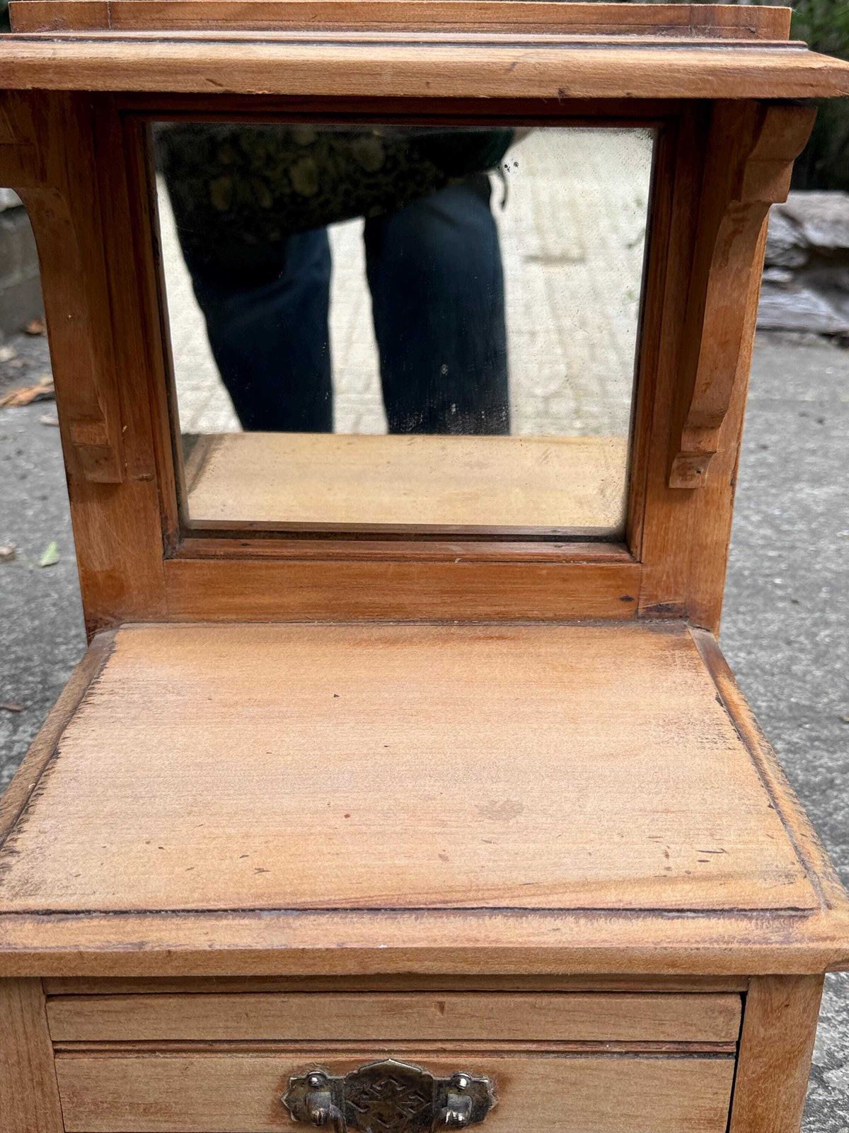 Rustic Wooden Wall Shelf With Mirror & Drawer – Vintage Small Storage Unit, Cottage Farmhouse Hallway Or Bedroom Decor 2 photo for sale