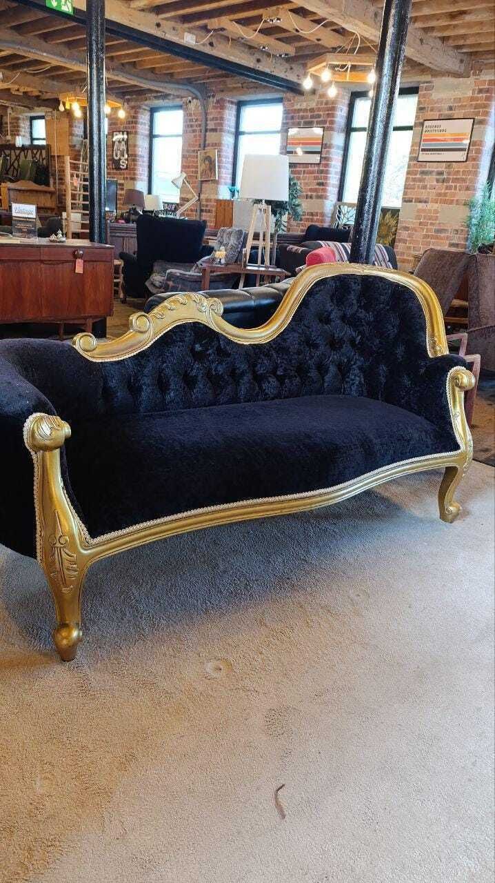 French Rococo Revival Giltwood Chaise Longue With Velvet Chenille Upholstery