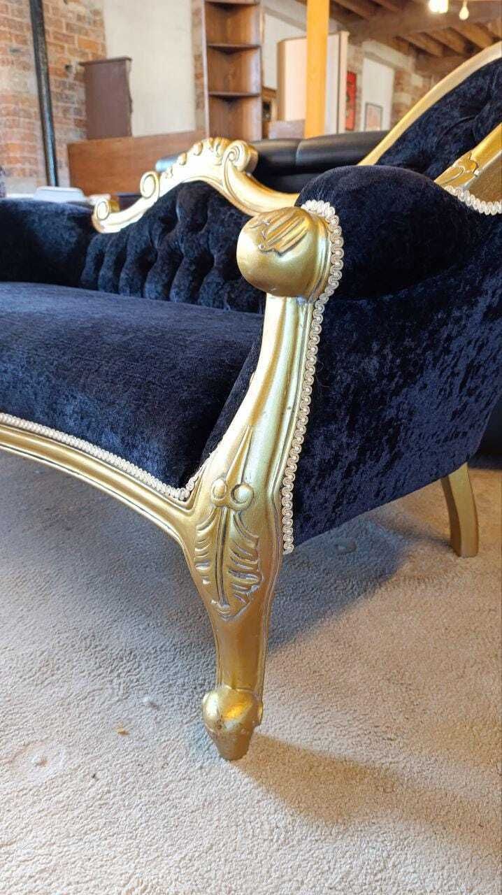photo for sale French Rococo Revival Giltwood Chaise Longue With Velvet Chenille Upholstery