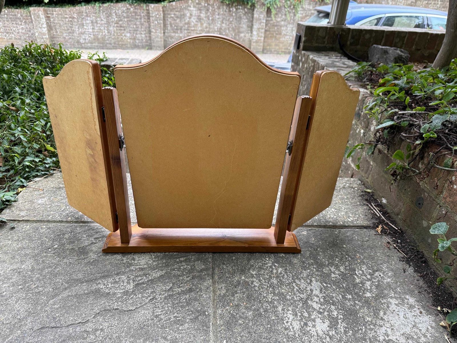 photo for sale Vintage Pine Triple Vanity Mirror, Rustic Dressing Table Trifold Mirror With Arched Centre And Hinged Side Panels, 1980s Pine Mirror