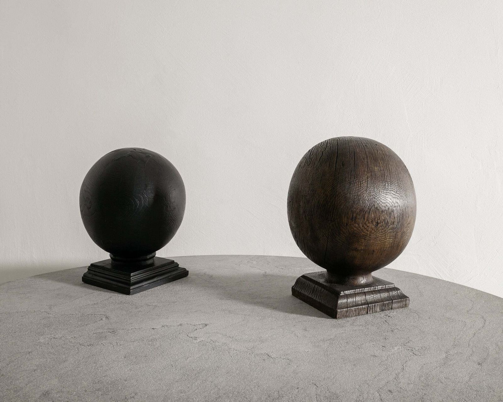 Pair Of English Antique Wooden Globe Sculptures In Black & Brown Stained Oak Produced In England photo Art