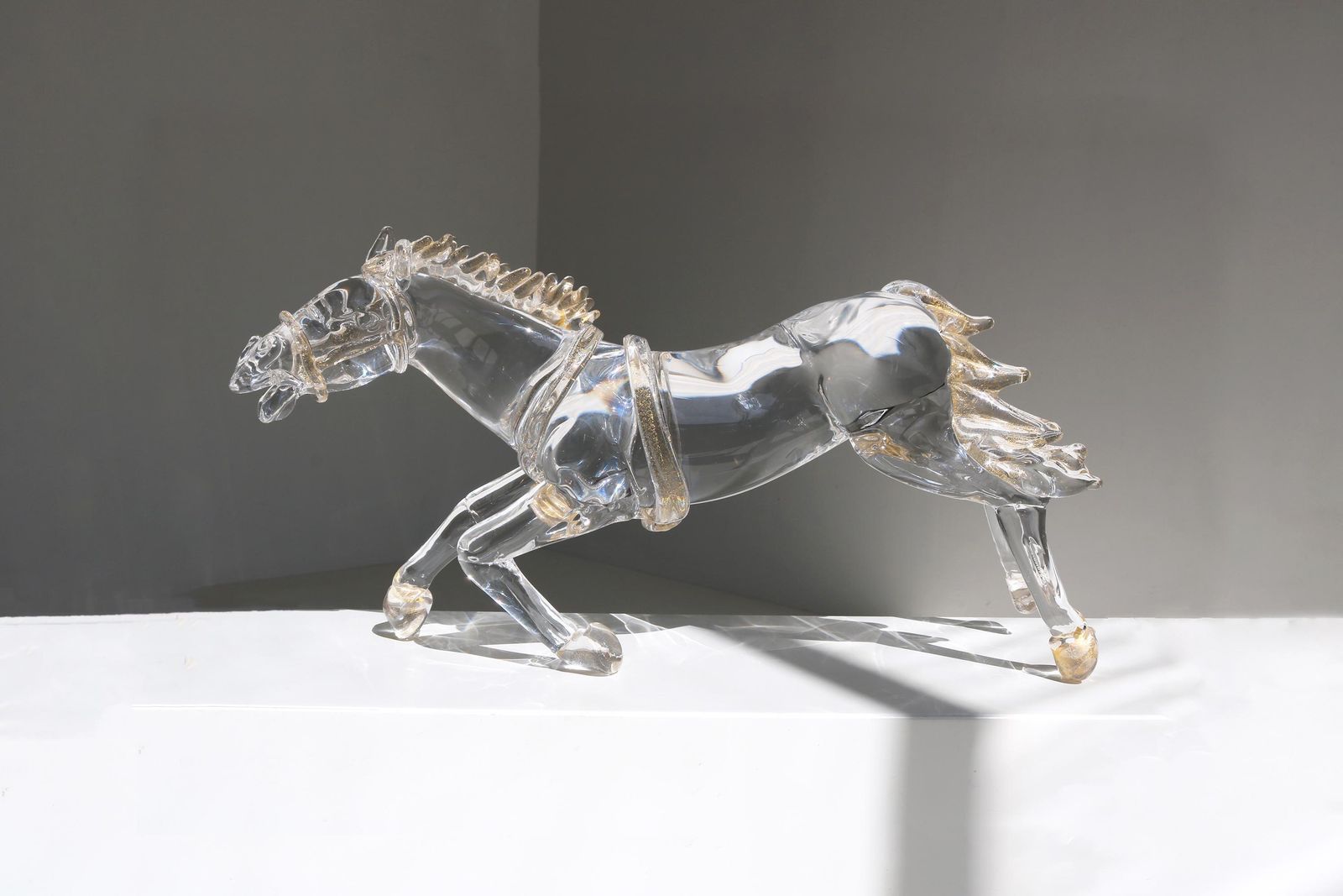 Murano Glass Horse Sculpture In Motion – Hand Blown Crystal With Gold By Arnaldo Zanella, Mid Century Italian Art