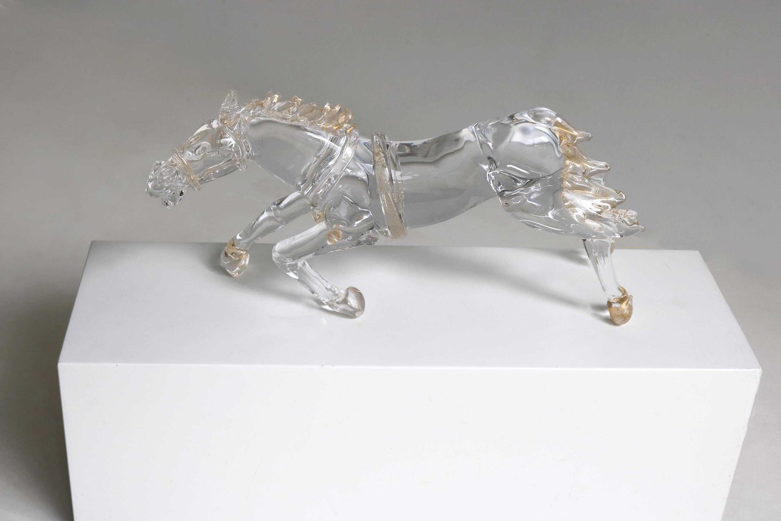Murano Glass Horse Sculpture In Motion – Hand Blown Crystal With Gold By Arnaldo Zanella, Mid Century Italian Art photo for sale