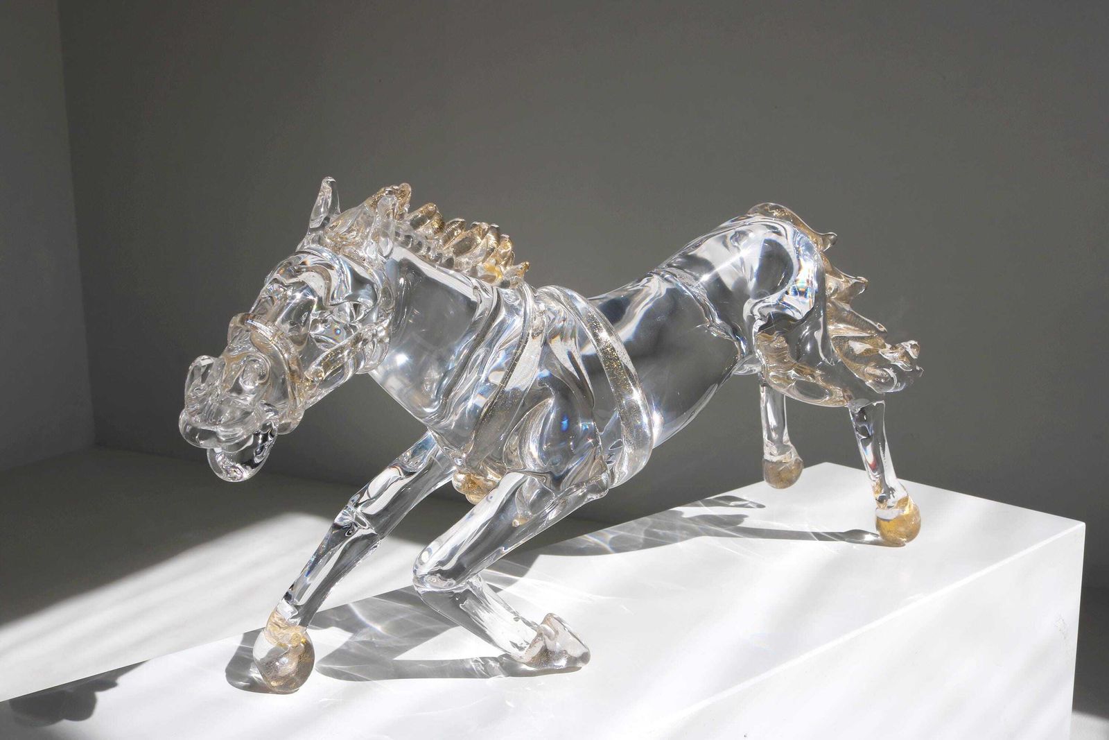 Murano Glass Horse Sculpture In Motion – Hand Blown Crystal With Gold By Arnaldo Zanella, Mid Century Italian Art photo vinterior