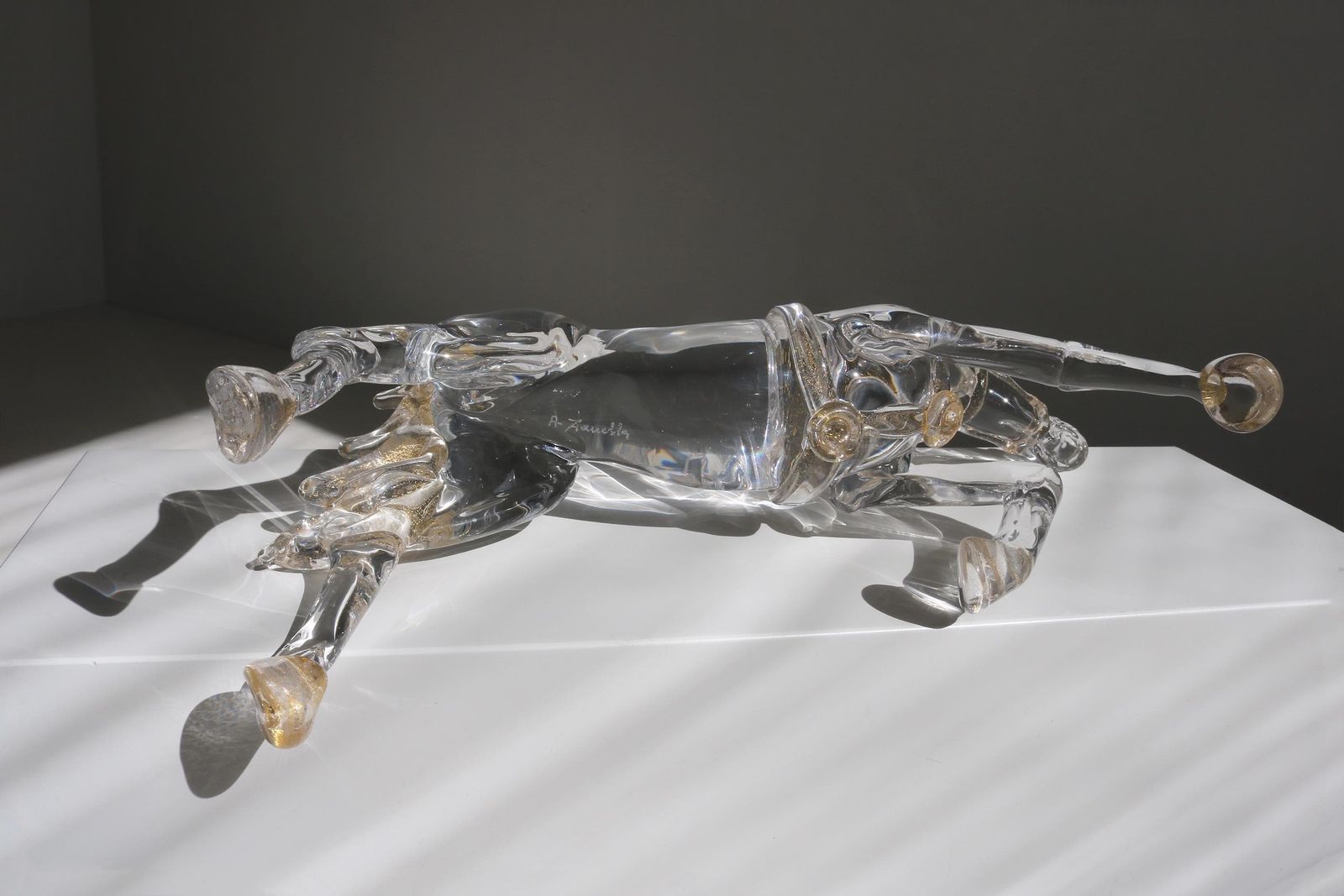 Murano Glass Horse Sculpture In Motion – Hand Blown Crystal With Gold By Arnaldo Zanella, Mid Century Italian Art photo vintage