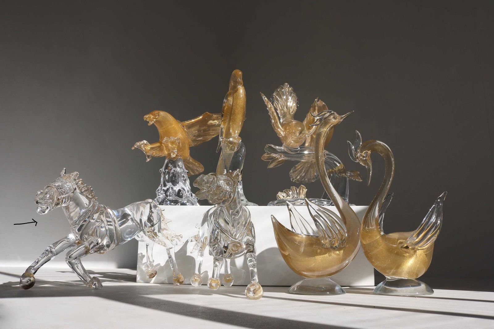 photo for sale Murano Glass Horse Sculpture In Motion – Hand Blown Crystal With Gold By Arnaldo Zanella, Mid Century Italian Art