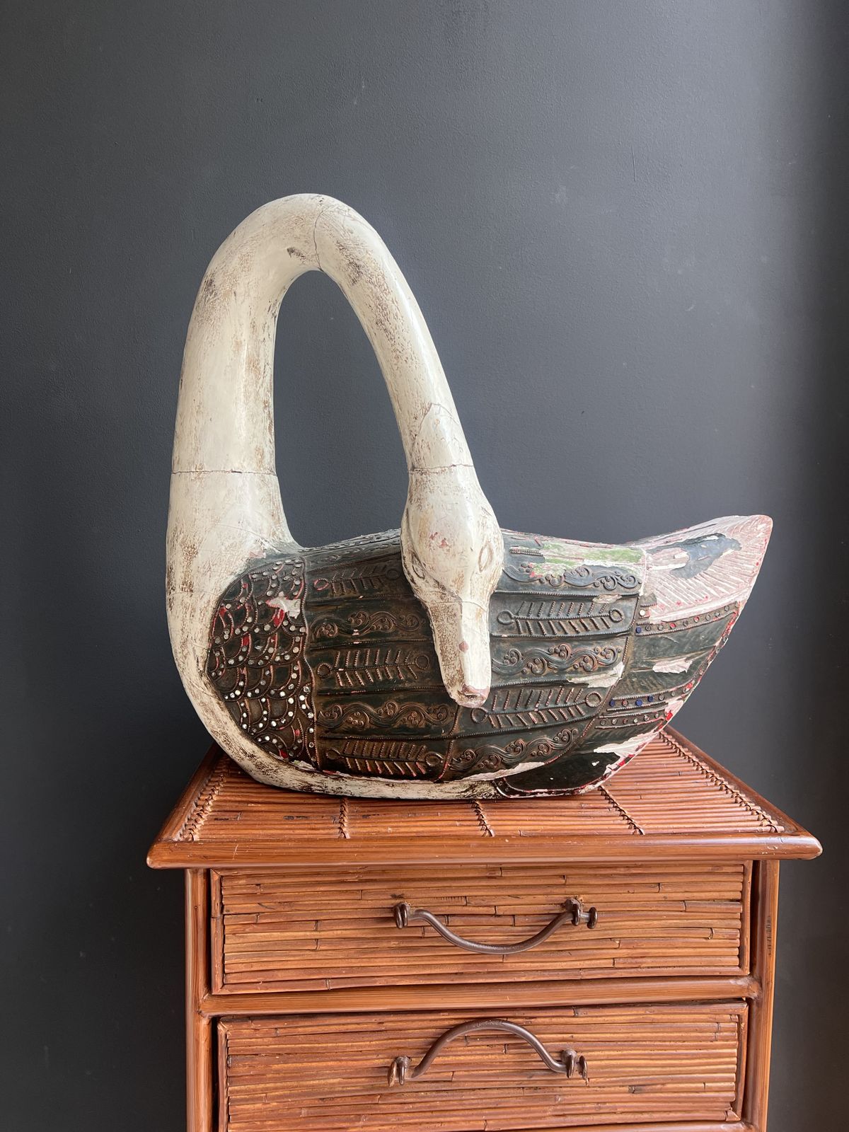 Vintage Wooden Swan Sculpture, Hand Carved, Chic Halloween Decor, Fairytale Wedding Centerpiece, Whimsical Maximalist Decor, Dark Academia