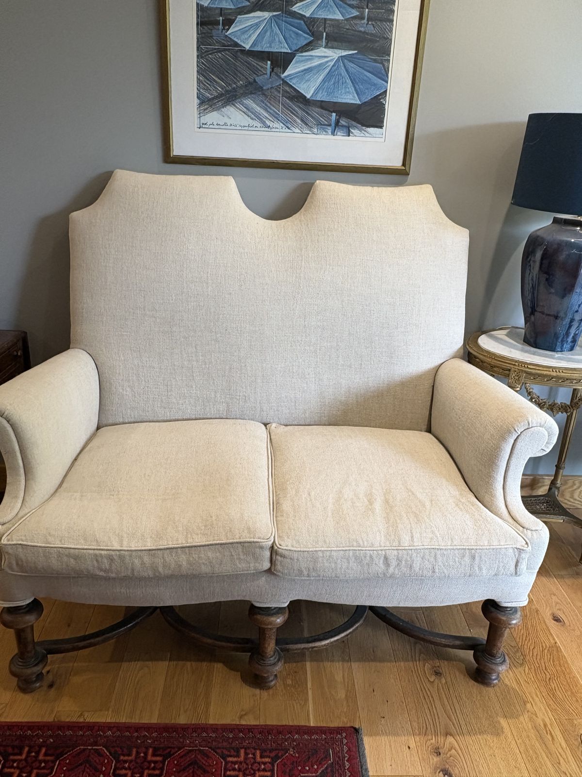 Edwardian 2 Seater High Back Sofa – Professionally Upholstered In Chic Beige Linen/Wool