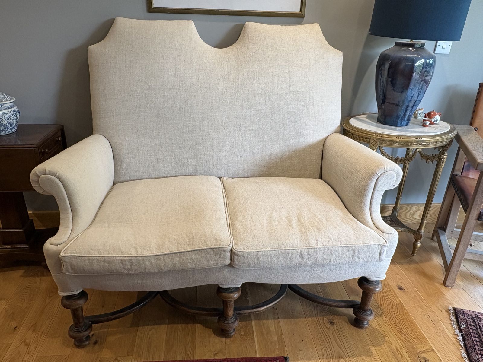 Edwardian 2 Seater High Back Sofa – Professionally Upholstered In Chic Beige Linen/Wool photo 700.0