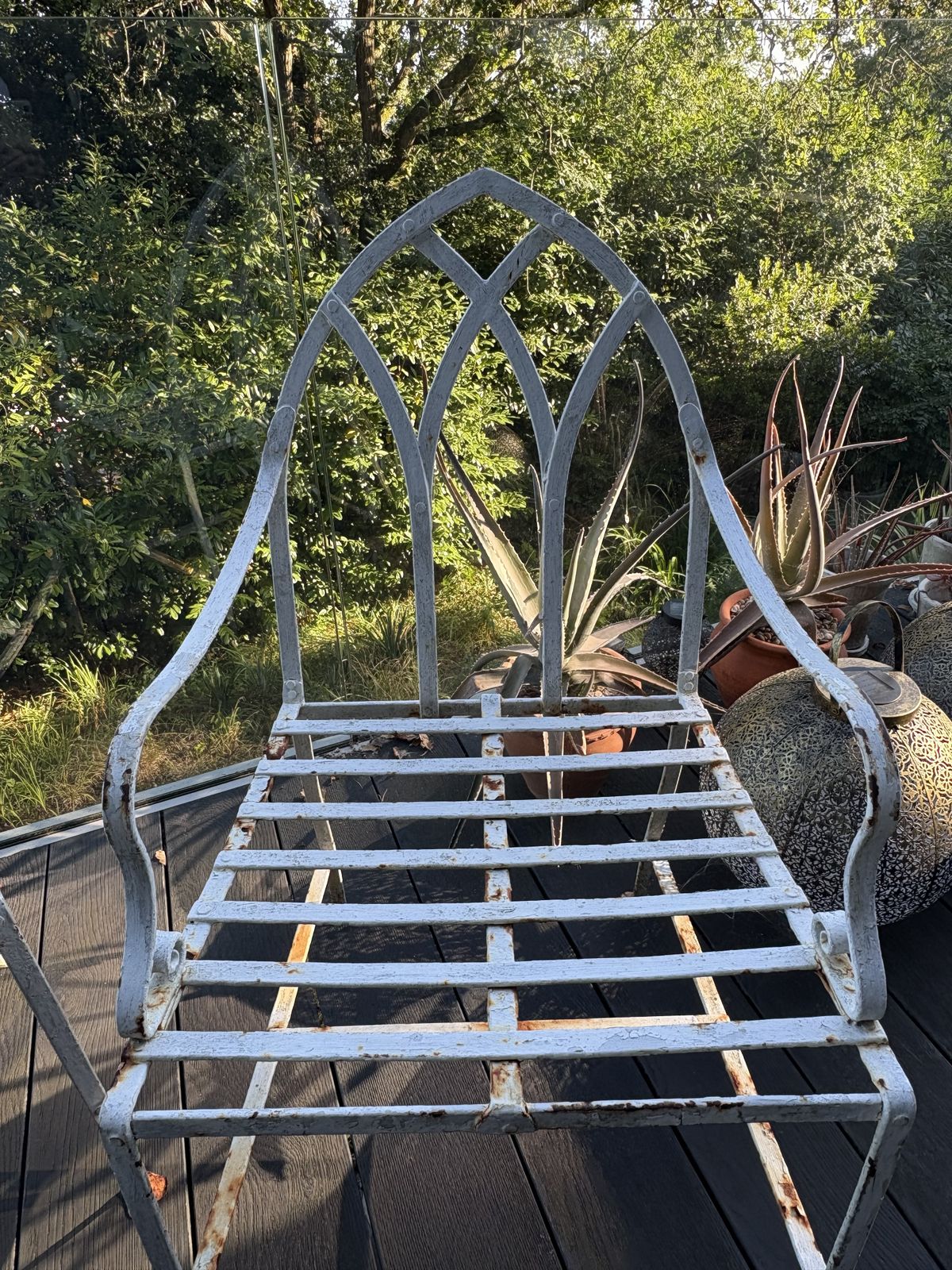 Gothic Arched Garden Furniture Set – Wrought Iron Bench & Two Chairs In White photo furniture