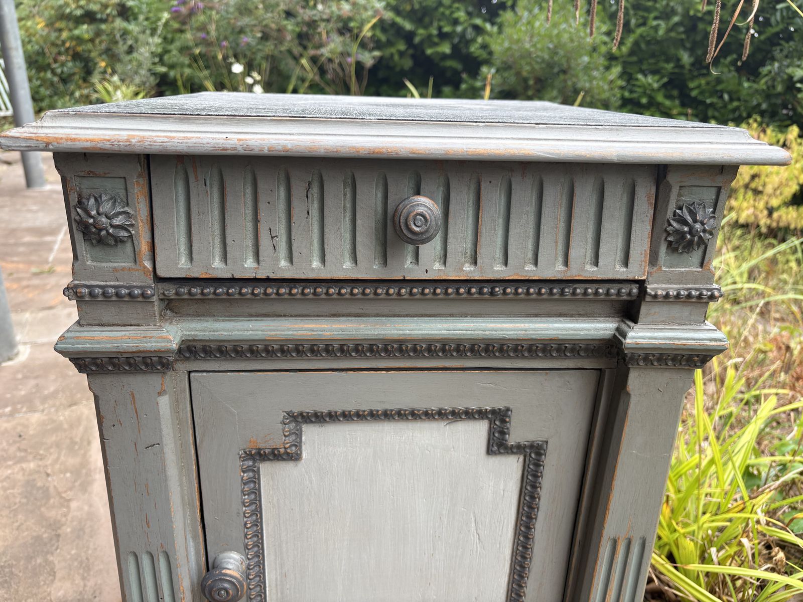 Pair Of French Style Bedside Cabinets – Grey/Blue With Decorative Detailing photo furniture