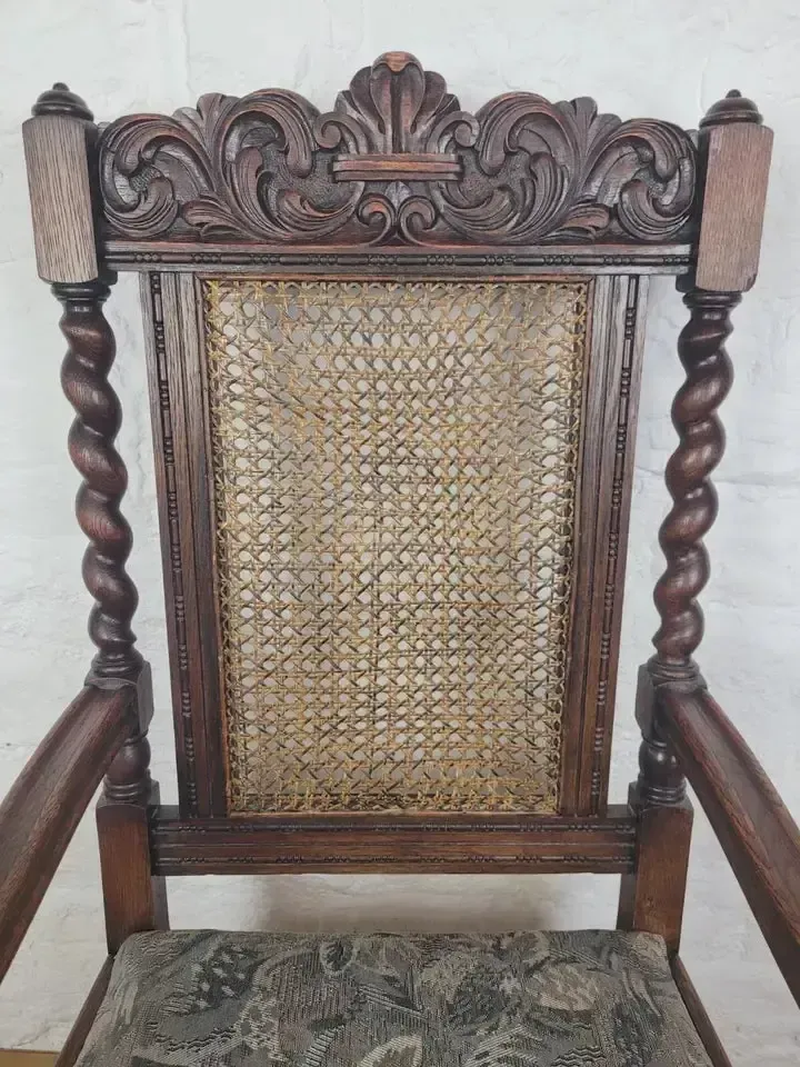 Victorian Barley Twist Armchair Carved Oak Antique Upholstered photo 220.0