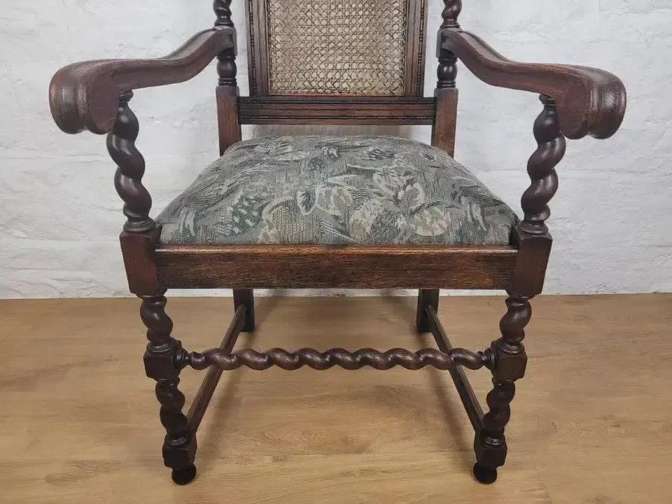 photo for sale Victorian Barley Twist Armchair Carved Oak Antique Upholstered