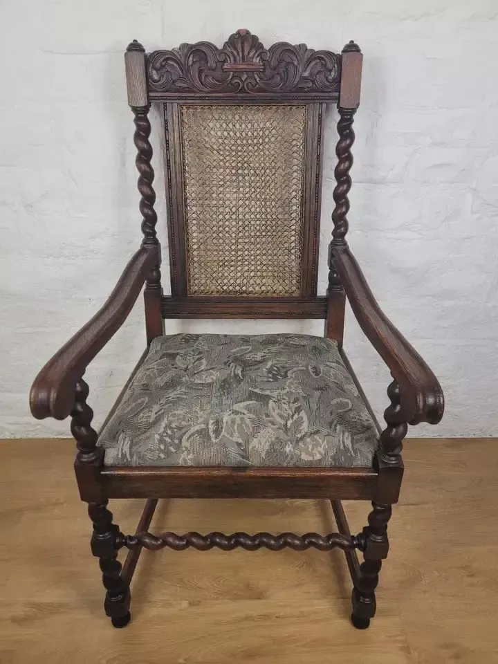 Furniture Victorian Barley Twist Armchair Carved Oak Antique Upholstered photo