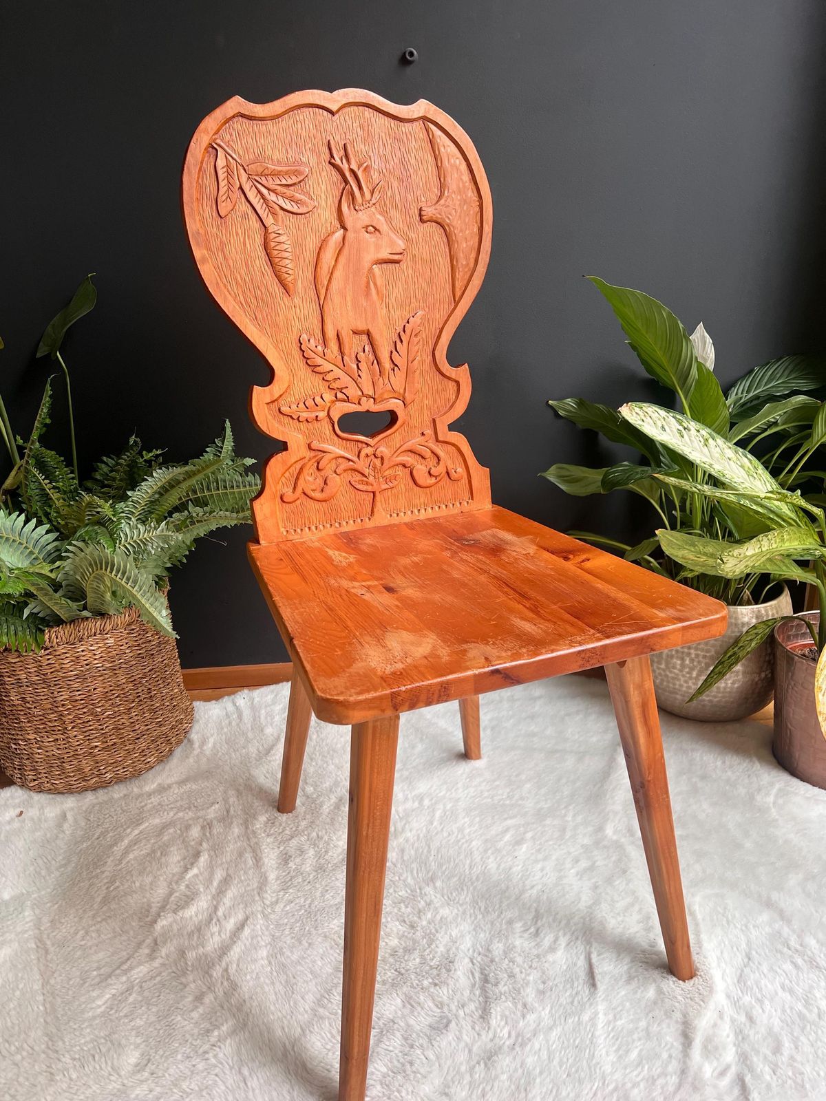 Hand Carved Swiss Folk Art Chair | Vintage Alpine Hunting Lodge Decor | Rustic Wooden Chair Stag & Oak Leaf Carving Graubünden Switzerland