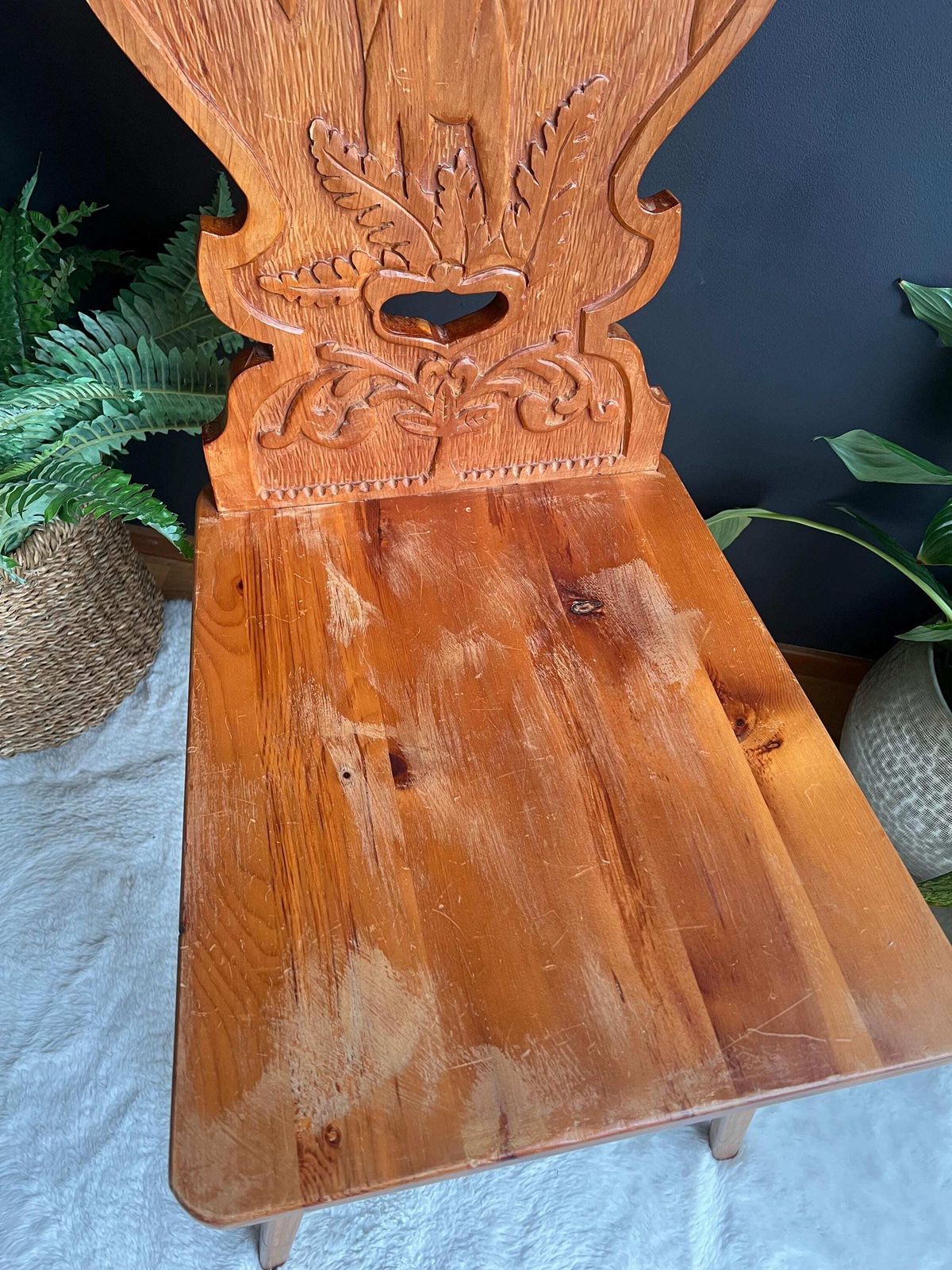 Hand Carved Swiss Folk Art Chair | Vintage Alpine Hunting Lodge Decor | Rustic Wooden Chair Stag & Oak Leaf Carving Graubünden Switzerland photo for sale