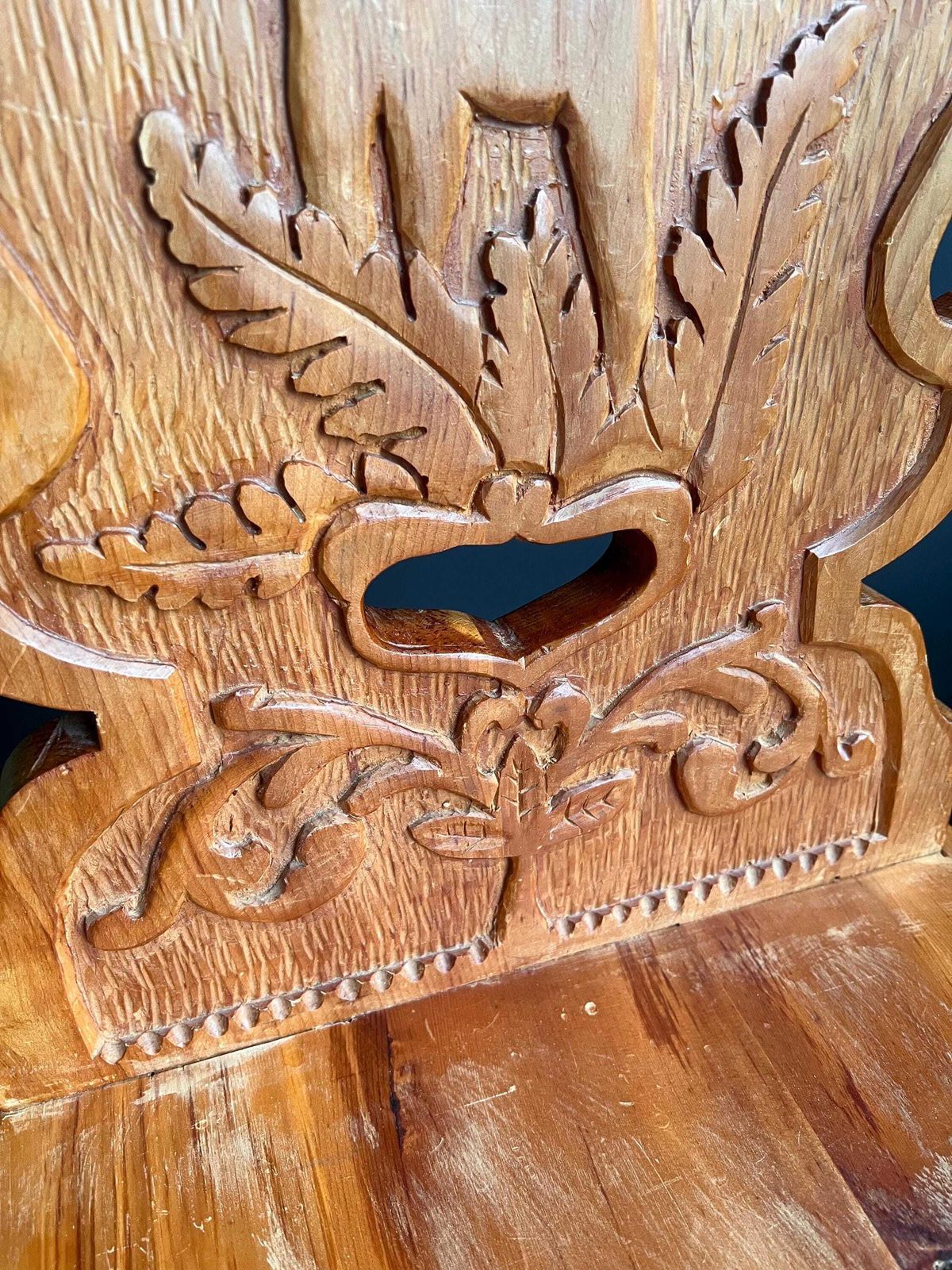 Hand Carved Swiss Folk Art Chair | Vintage Alpine Hunting Lodge Decor | Rustic Wooden Chair Stag & Oak Leaf Carving Graubünden Switzerland photo Furniture