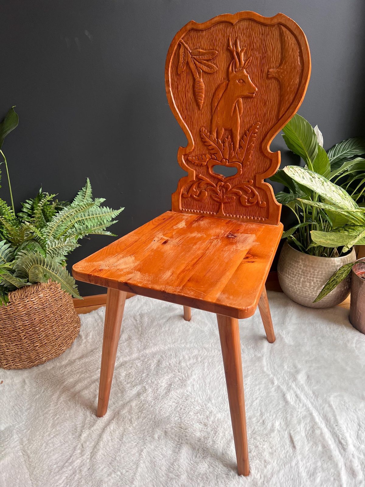 photo furniture Hand Carved Swiss Folk Art Chair | Vintage Alpine Hunting Lodge Decor | Rustic Wooden Chair Stag & Oak Leaf Carving Graubünden Switzerland