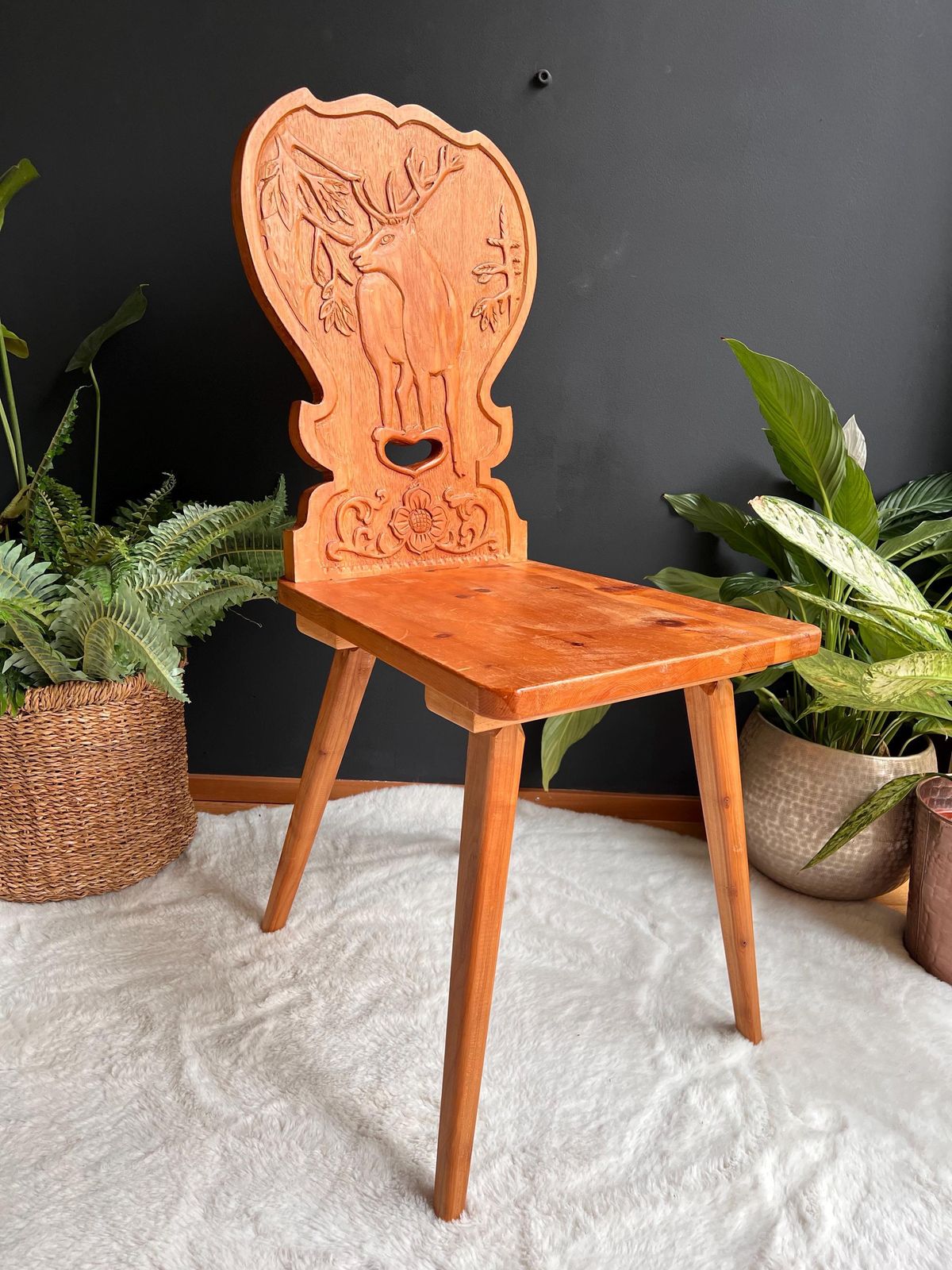 Hand Carved Swiss Folk Art Chair | Vintage Alpine Hunting Lodge Decor | Rustic Wooden Chair Deer & Oak Leaf Carving Graubünden Switzerland photo 436.0