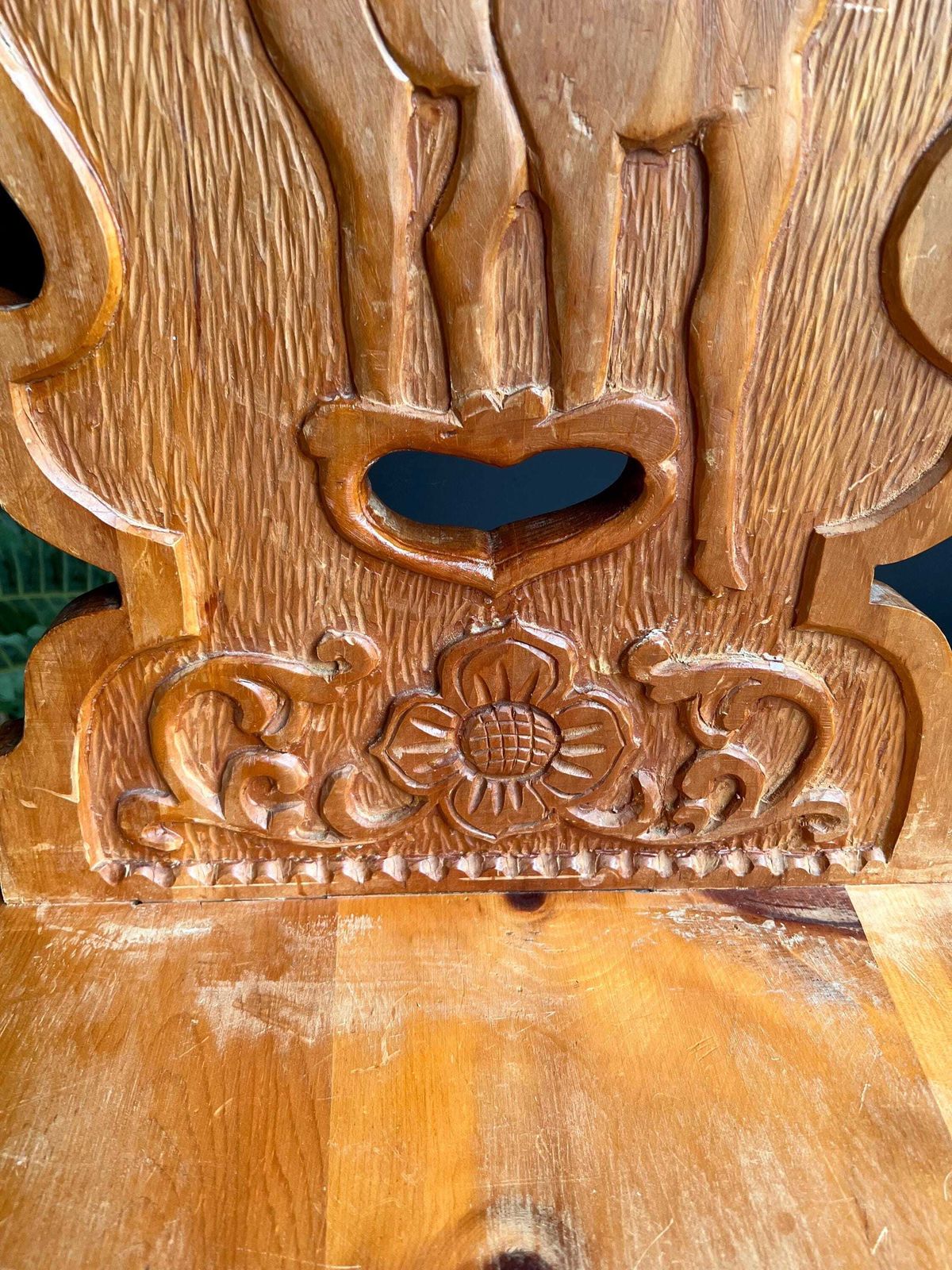 photo for sale Hand Carved Swiss Folk Art Chair | Vintage Alpine Hunting Lodge Decor | Rustic Wooden Chair Deer & Oak Leaf Carving Graubünden Switzerland