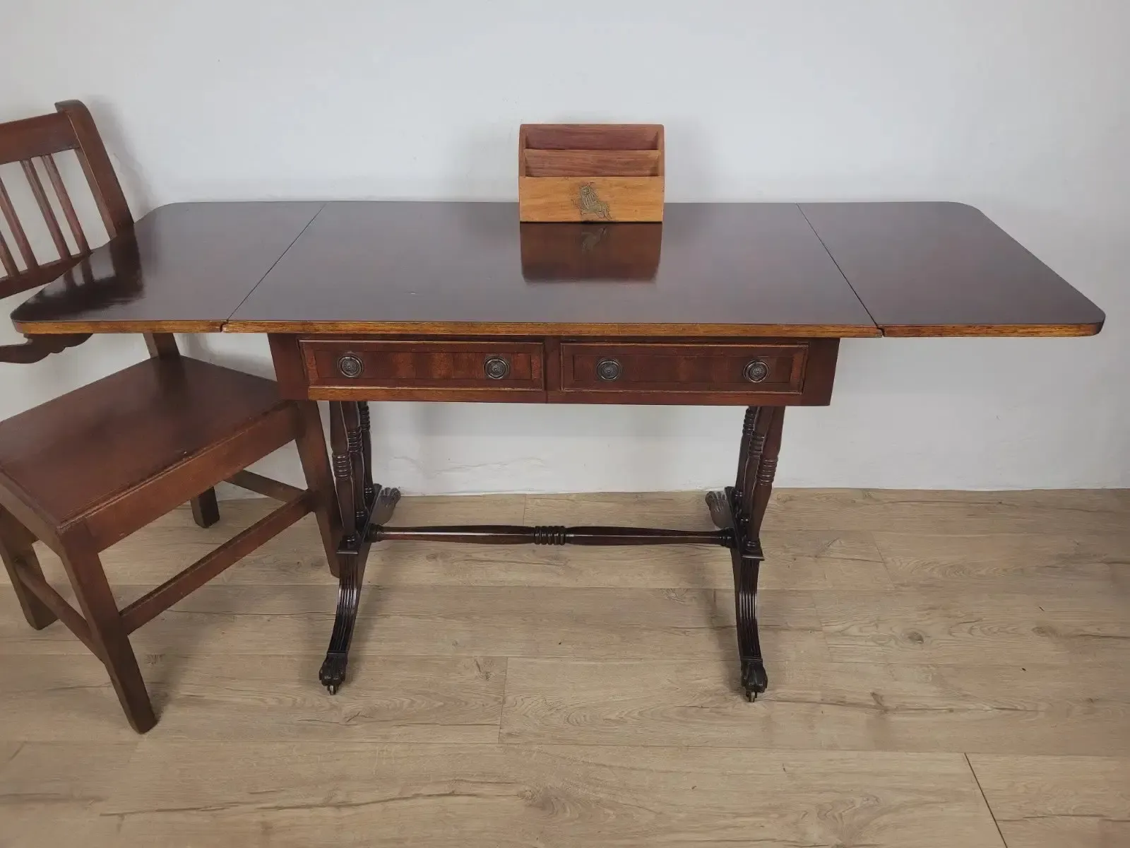 Drop Leaf Side Table Drawers Mahogany Castors Vintage 1940s