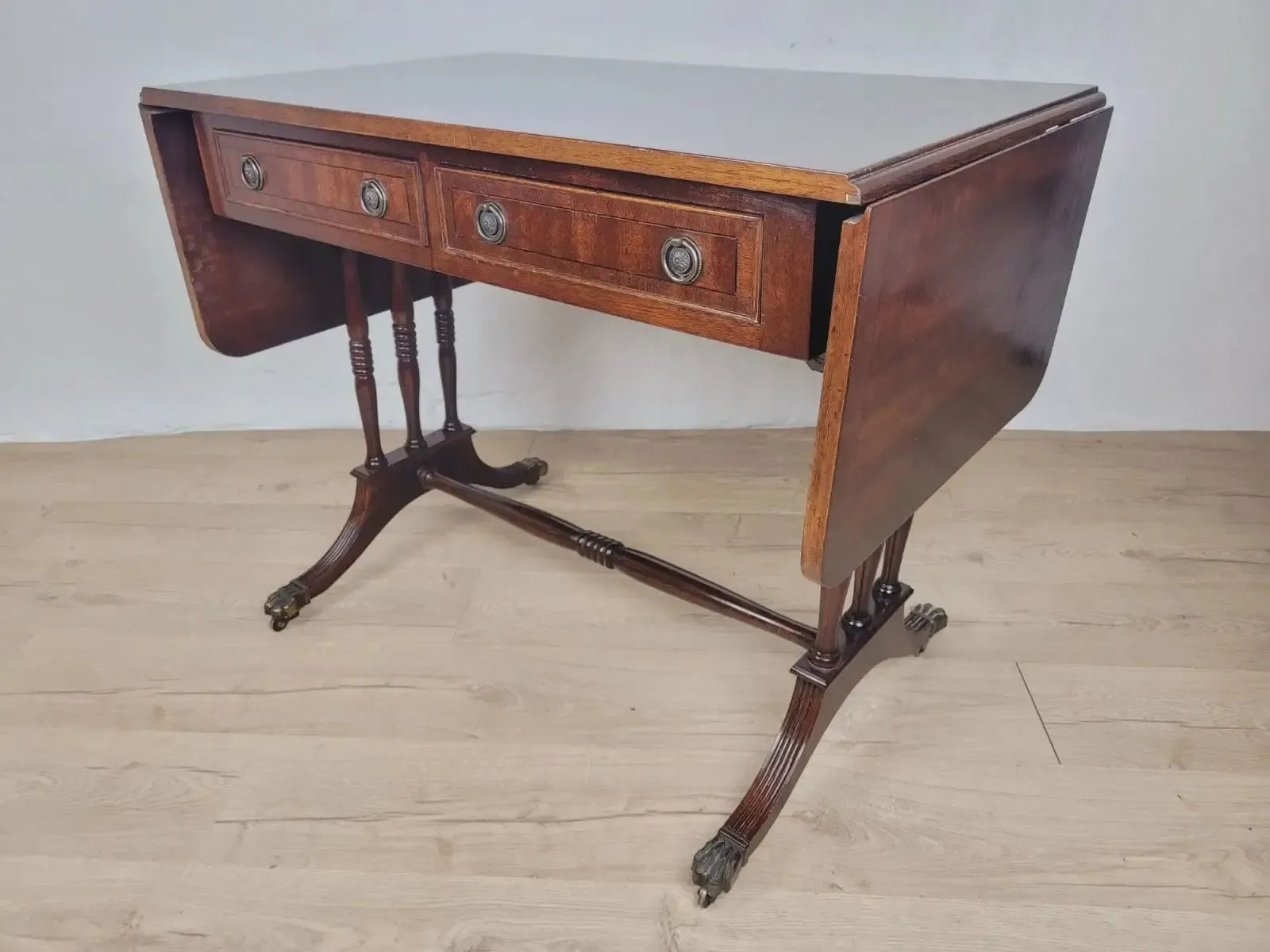Drop Leaf Side Table Drawers Mahogany Castors Vintage 1940s photo for sale