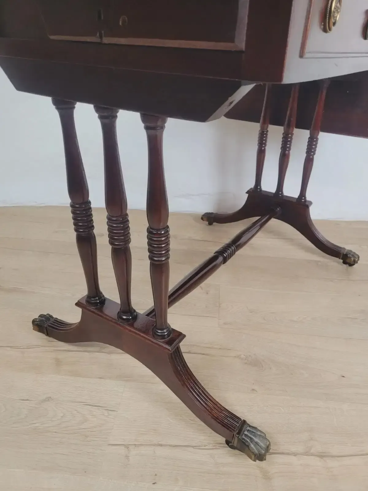 120.0 Drop Leaf Side Table Drawers Mahogany Castors Vintage 1940s photo
