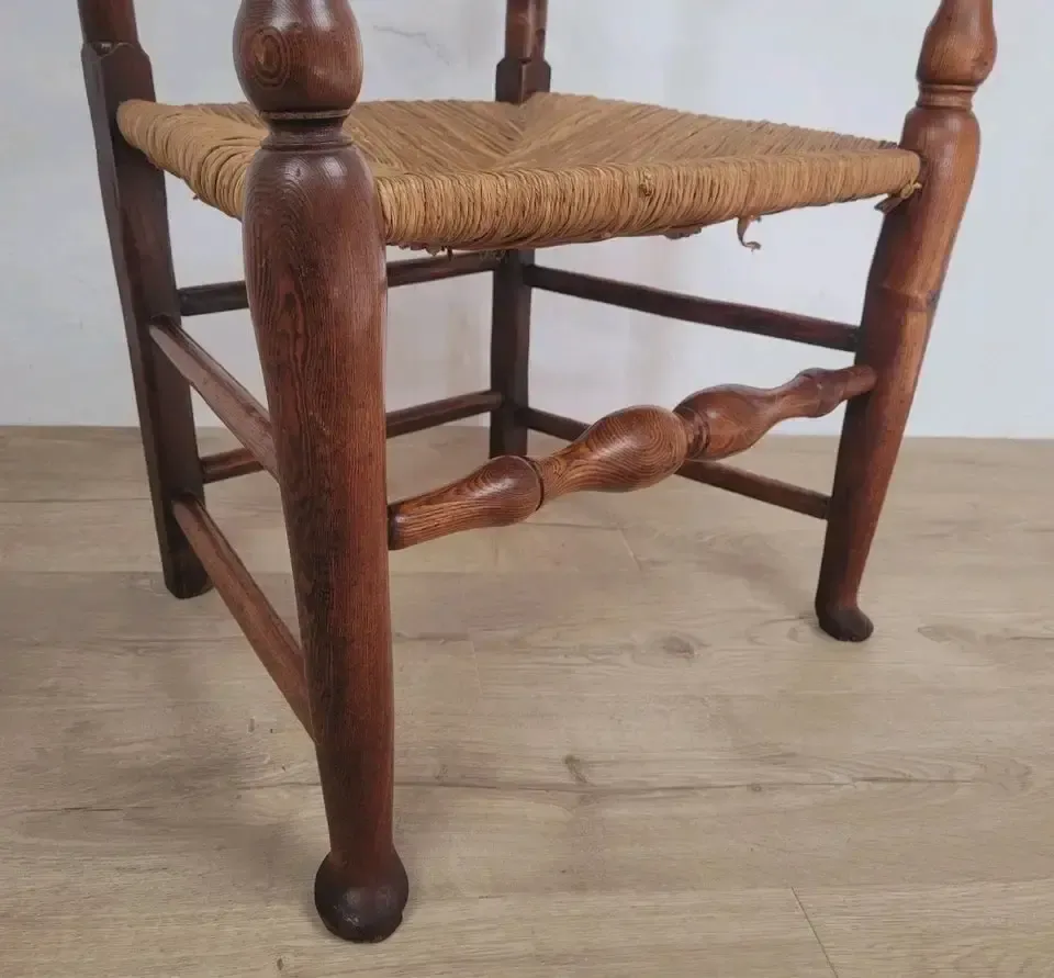 photo for sale Ladderback Armchair Elm 19th Century Country Rush Seat Antique