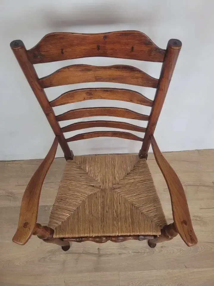 photo buy Ladderback Armchair Elm 19th Century Country Rush Seat Antique